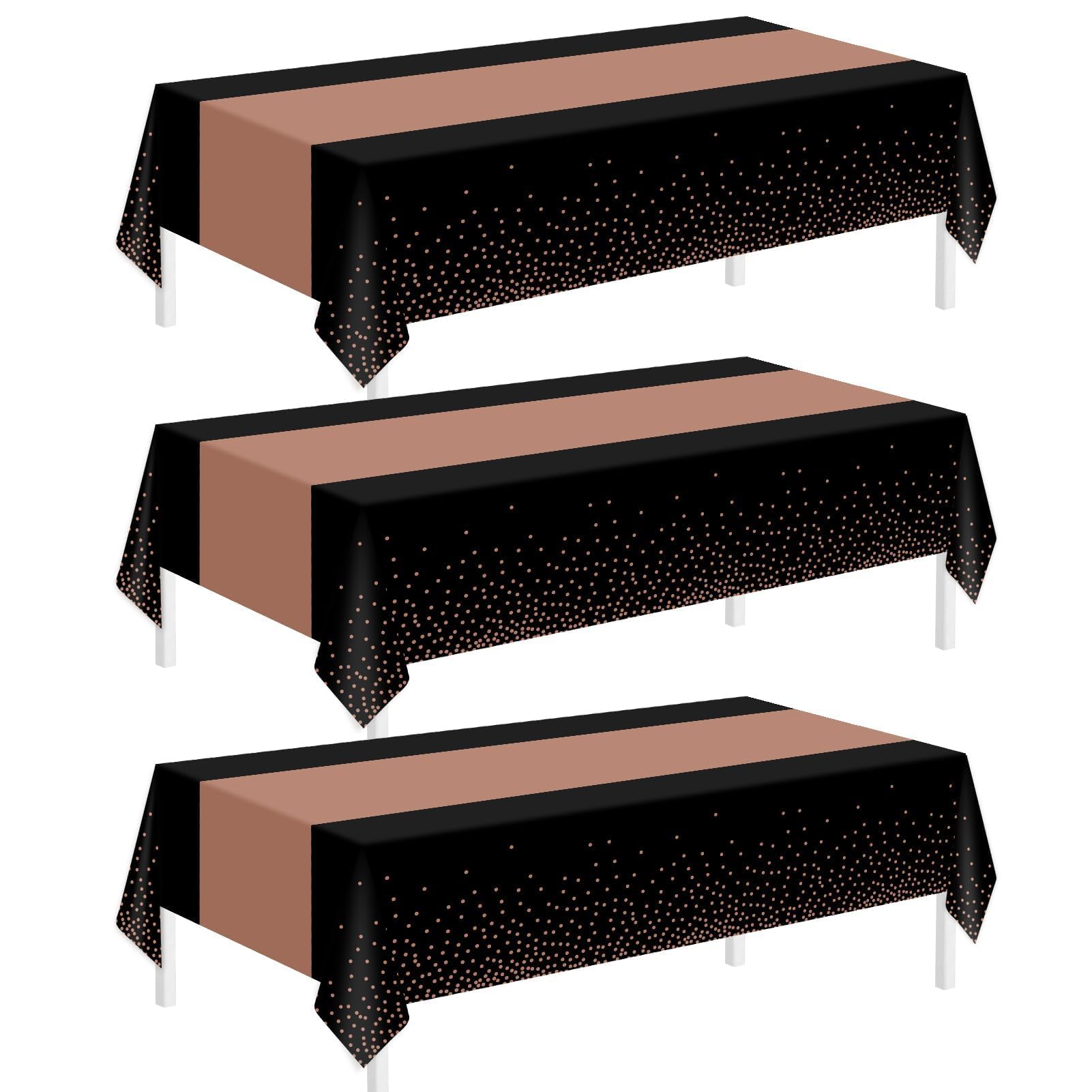 Childom 3 Pack Black Rose and Gold Tablecloths for Events,54x108 Plastic Table Cloths for Rectangle Tables,Disposable Table Cove