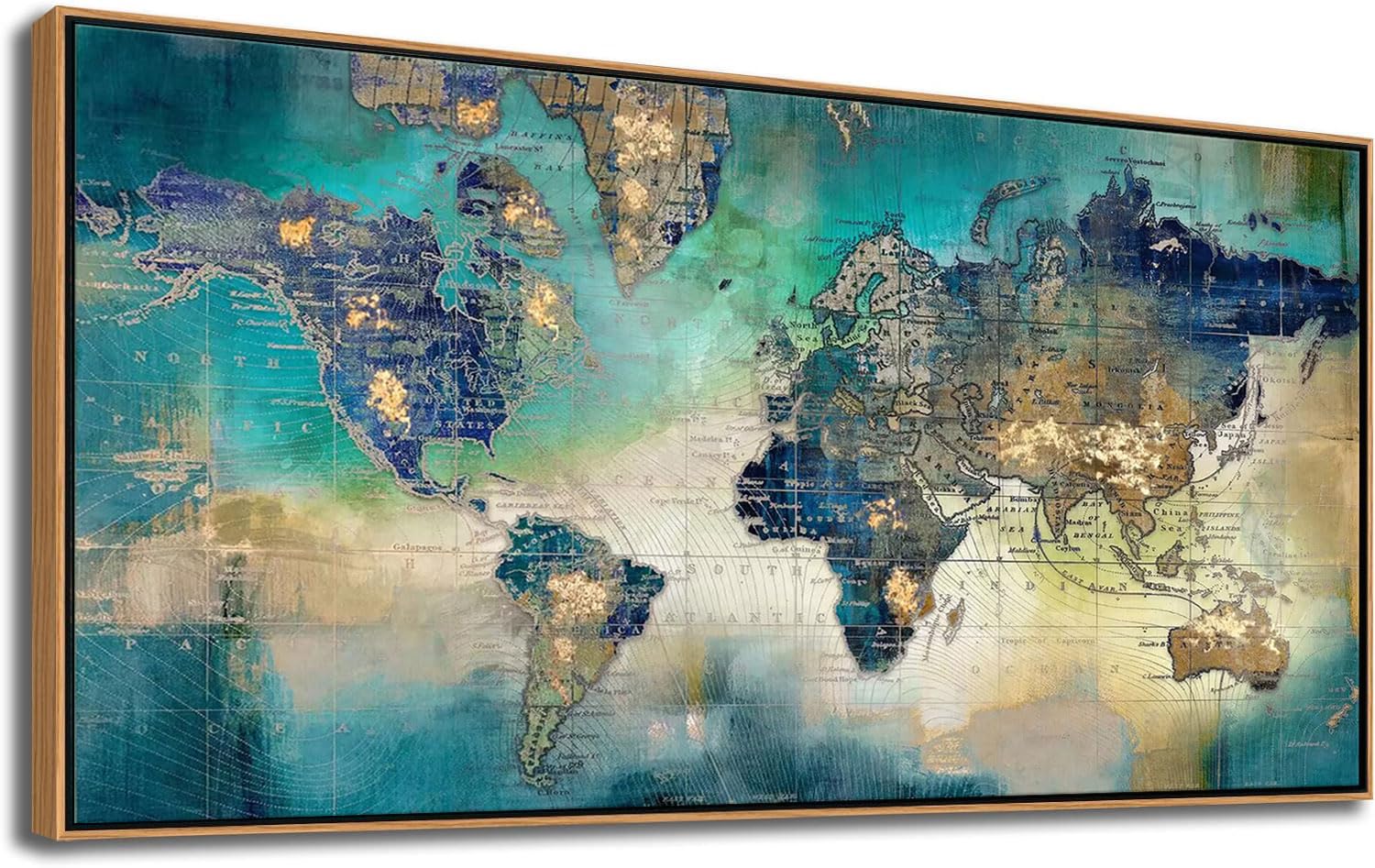 Large World Map Canvas Prints Framed Wall Art For Living Room Office 24X48 Green World Map Picture Artwork Decor For Home Decora