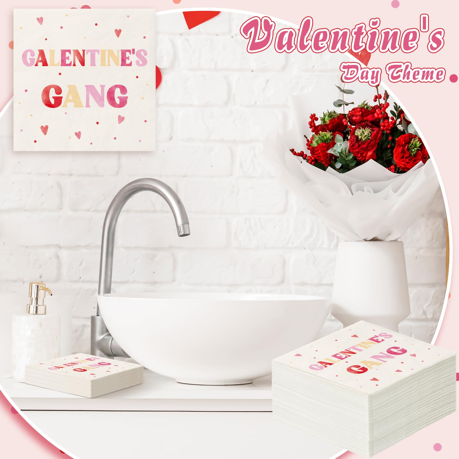 100 Pack Galentine'S Gang Napkins Disposable Folded Napkins 10 X 10 Inches Valentine'S Day Party Decorations Pink Paper Towel Ba