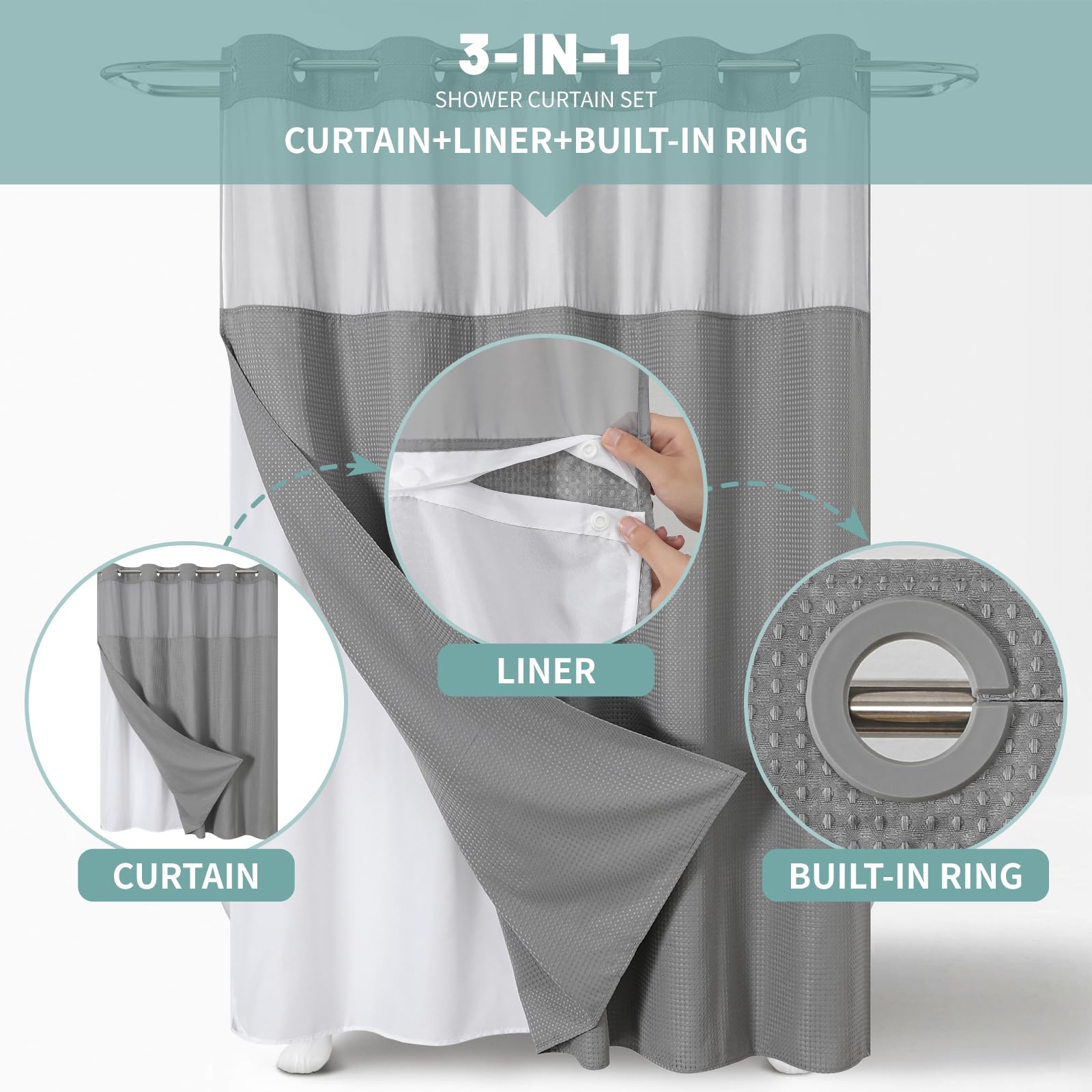 Eachope Grey No Hook Waffle Weave Shower Curtain With Snap-In Liner Replacement, 230Gsm Waterproof Fabric Hotel Shower Curtain S