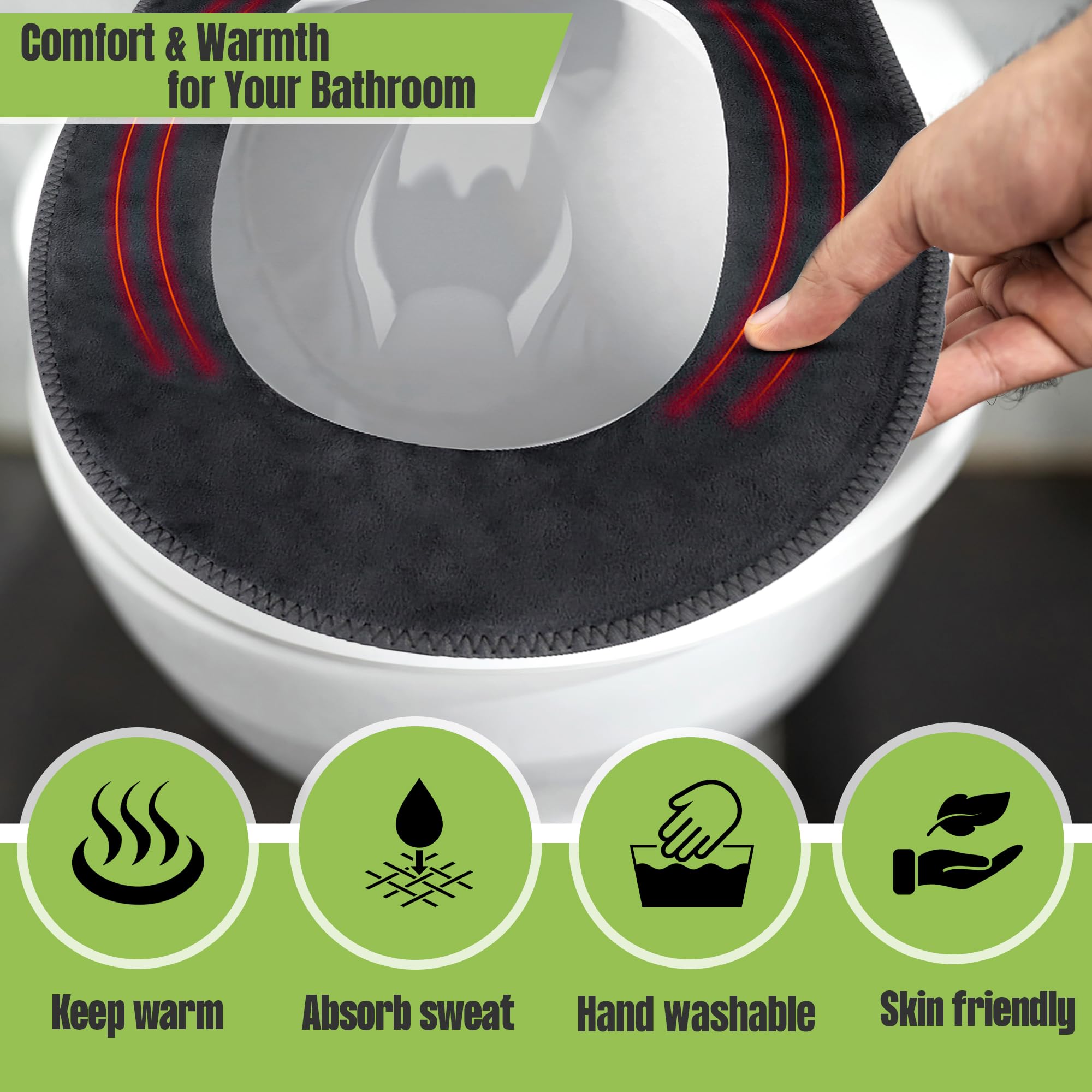 Hudson Comfort Heated Toilet Seat Cover - USB Powered, Adjustable Temperature, Soft Plush Fabric, Round, Gray