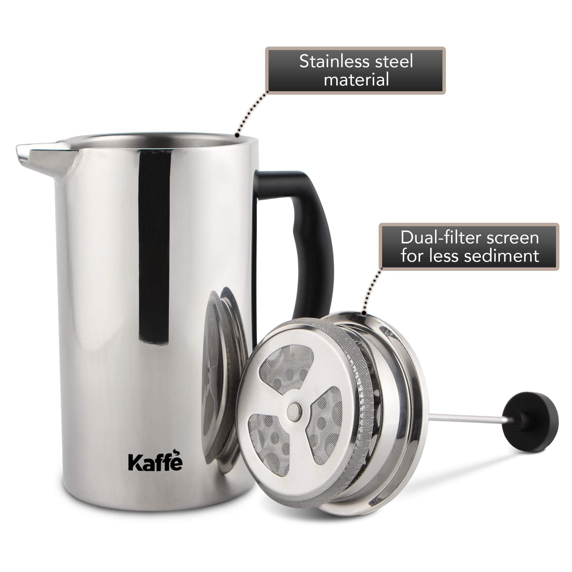 Kaffe Stainless Steel French Press Coffee Maker (27Oz / 0.8L) - Double-Wall Insulated Coffee Press Stainless Steel - Travel & Ca
