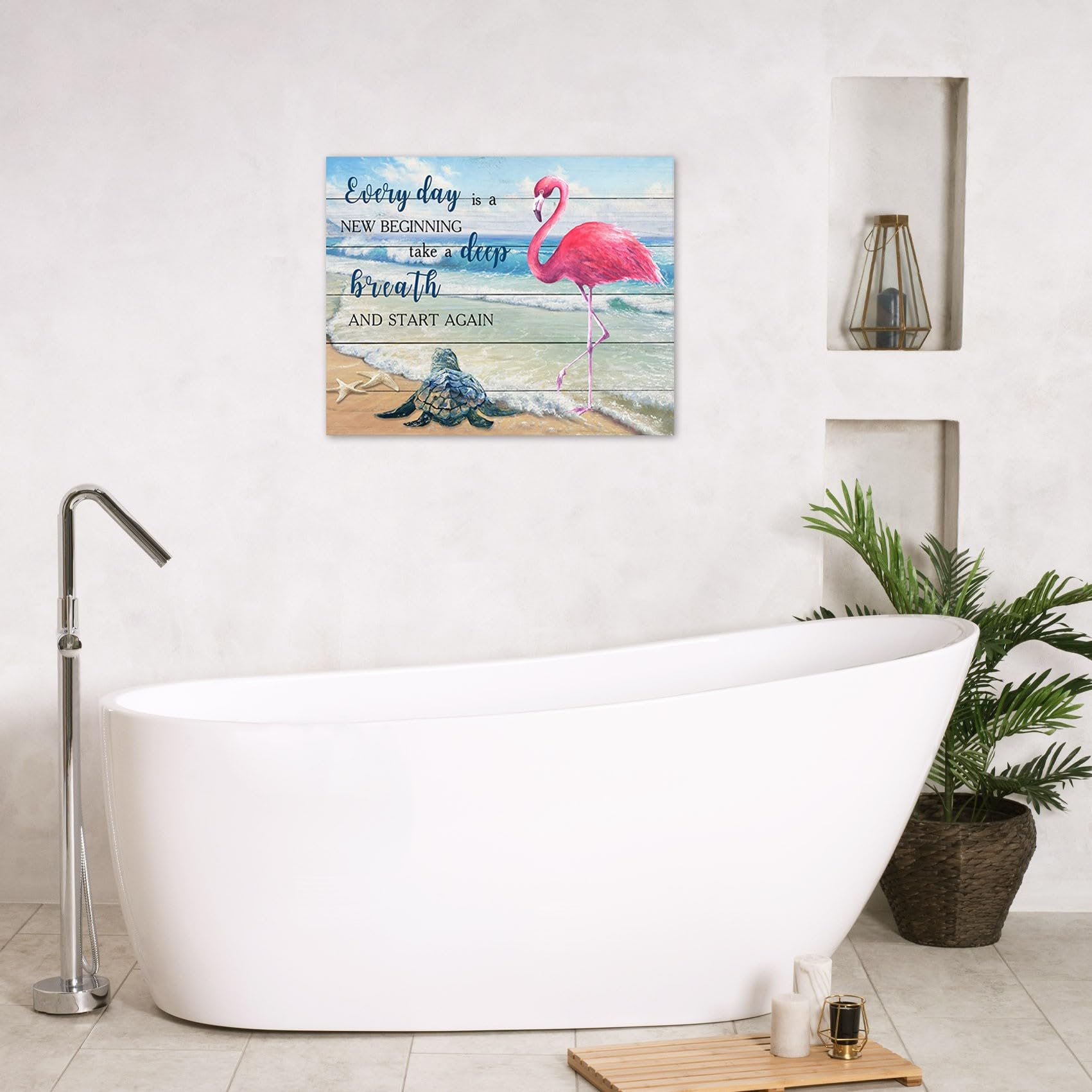 Lb Tropical Ocean Wall Art Pink Flamingo Sea Turtle Coastal Beach Wooden Framed Canvas Prints Inspirational Farmhouse Wall Decor