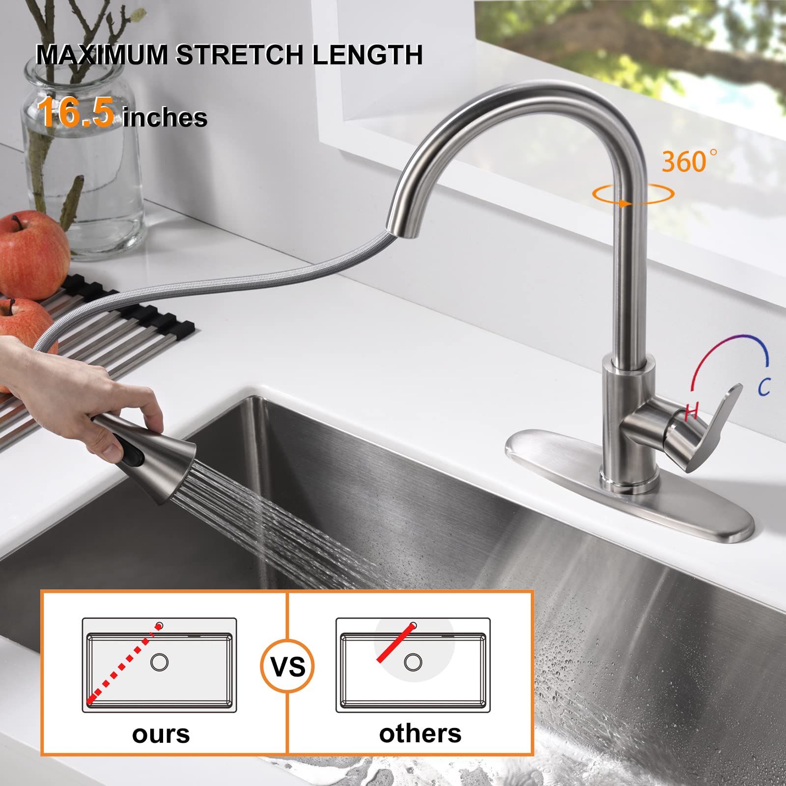 AMAZING FORCE Kitchen Faucet with Pull Down Sprayer 2 Modes Stainless Steel Kitchen Sink Faucet Single Handle Faucet for Kitchen Sink RV Kitchen Faucet Laundry Sink Faucet with 1.8GPM  Brushed Nickel