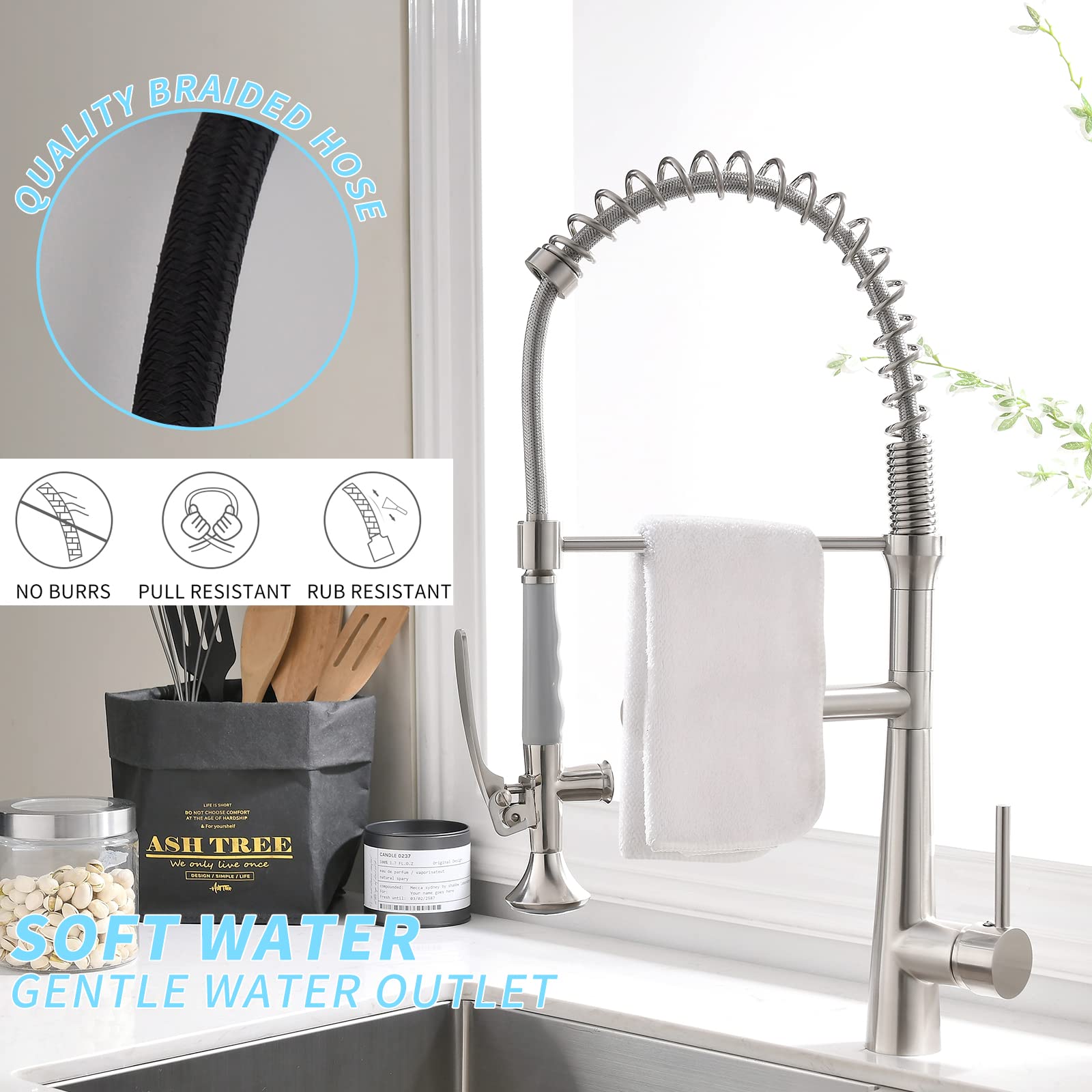 AIMADI Commercial Kitchen Faucet AM110-33N, Single Handle, Stainless Steel Brushed Nickel, with LED Light and Sprayer
