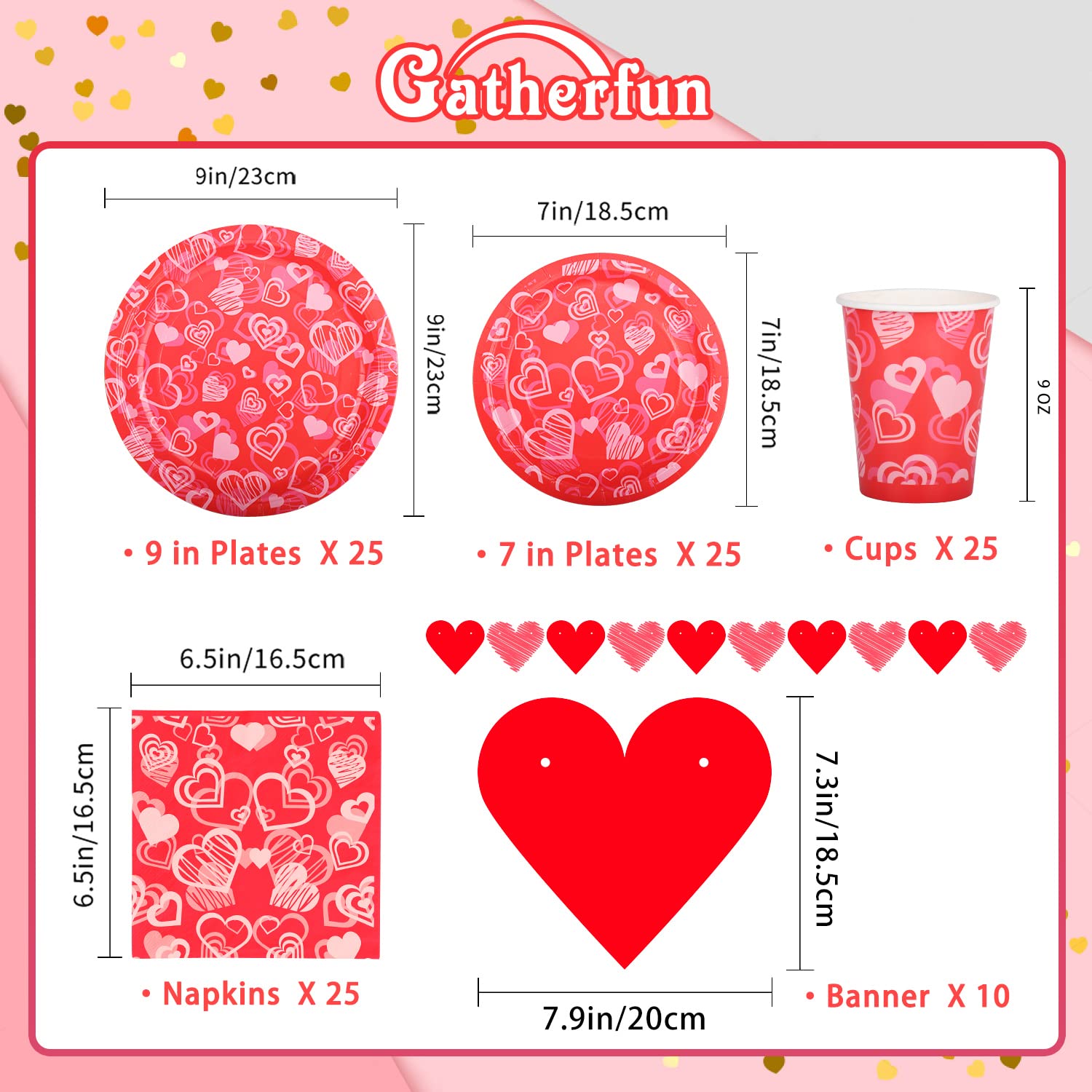 Gatherfun Valentine'S Day Party Supplies Hot Heart Love Disposable Paper Plates Napkins Cups Plastic Tablecloth With Banner For