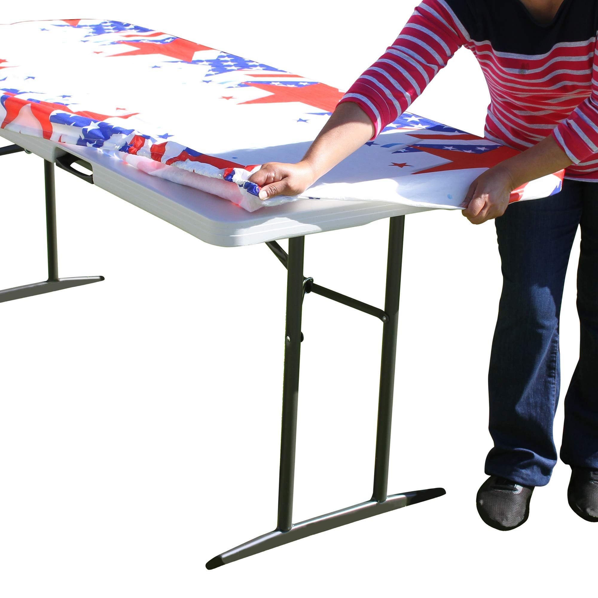 Tablecloth Plus Patriotic Elastic Fitted Tablecloth For Folding Table - Waterproof Rectangular Peva Vinyl Cover With Elastic Rim