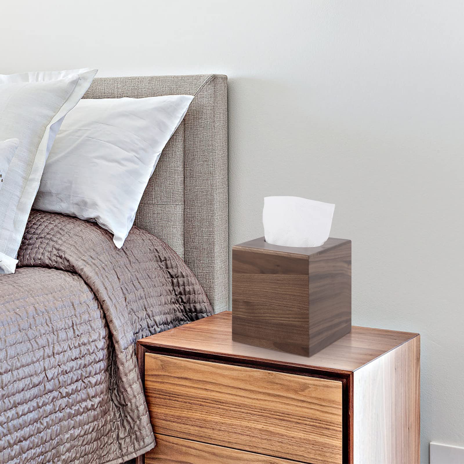 Reviaras Tissue Box Cover, Walnut Wood Tissue Box Cover With Slide-Out Bottom, Tissue Box Cover Square For Bathroom, Bedroom, Di