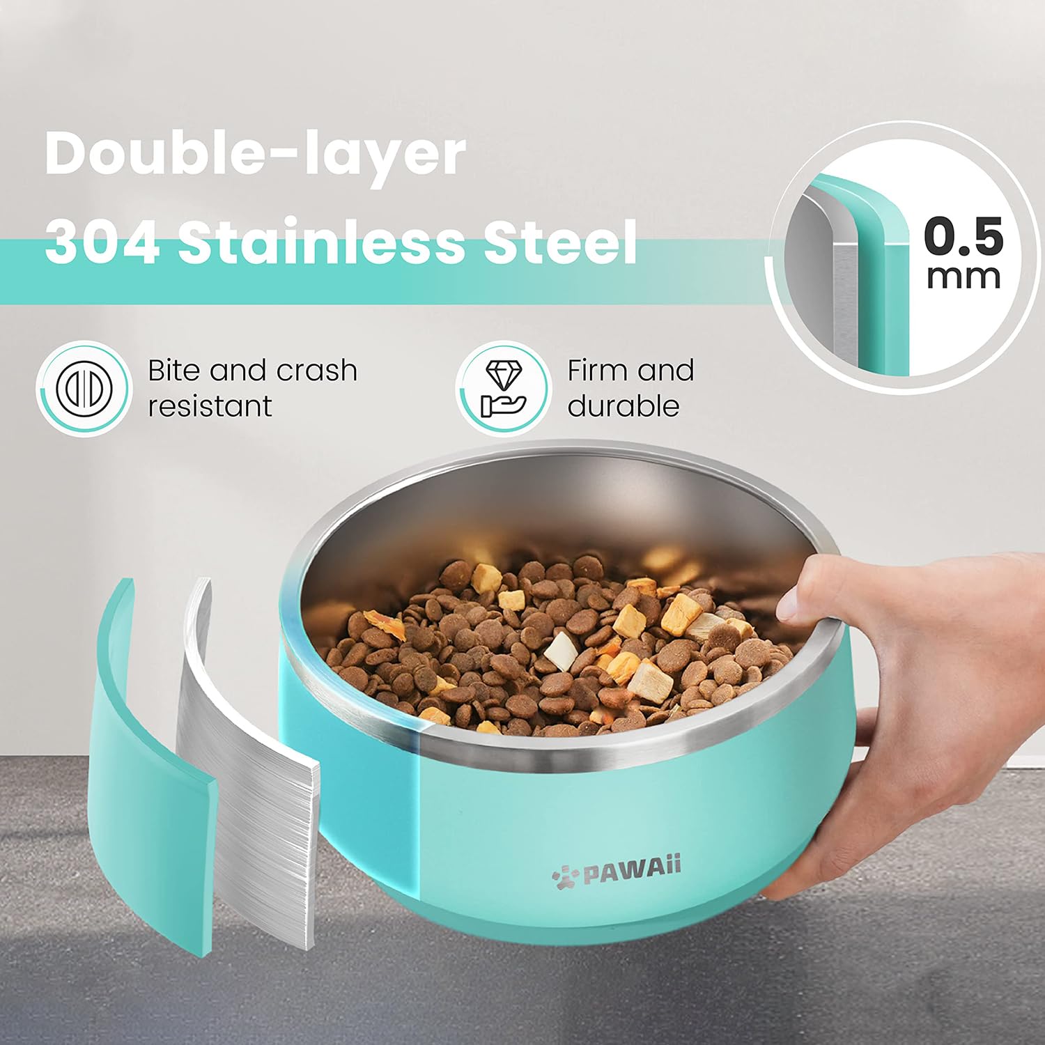 Pawaii Dog Bowl, Double Wall Stainless Steel Dog Bowls With Non-Slip Rubber Base, Insulated Dog Bowl, Durable, Dishwasher Safe,