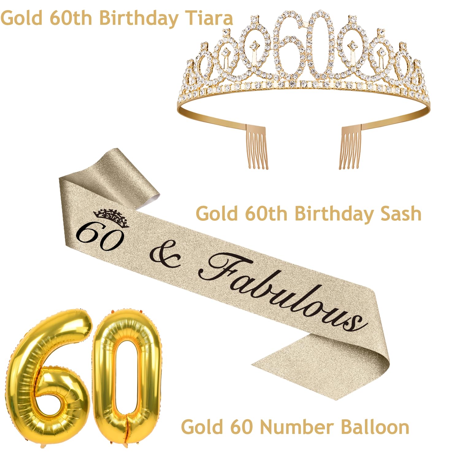 60Th Birthday Decorations For Women Gold With 60Th Birthday Sash And Tiara, 60Th Birthday Cake Topper And 60 Candles, Big Gold 6