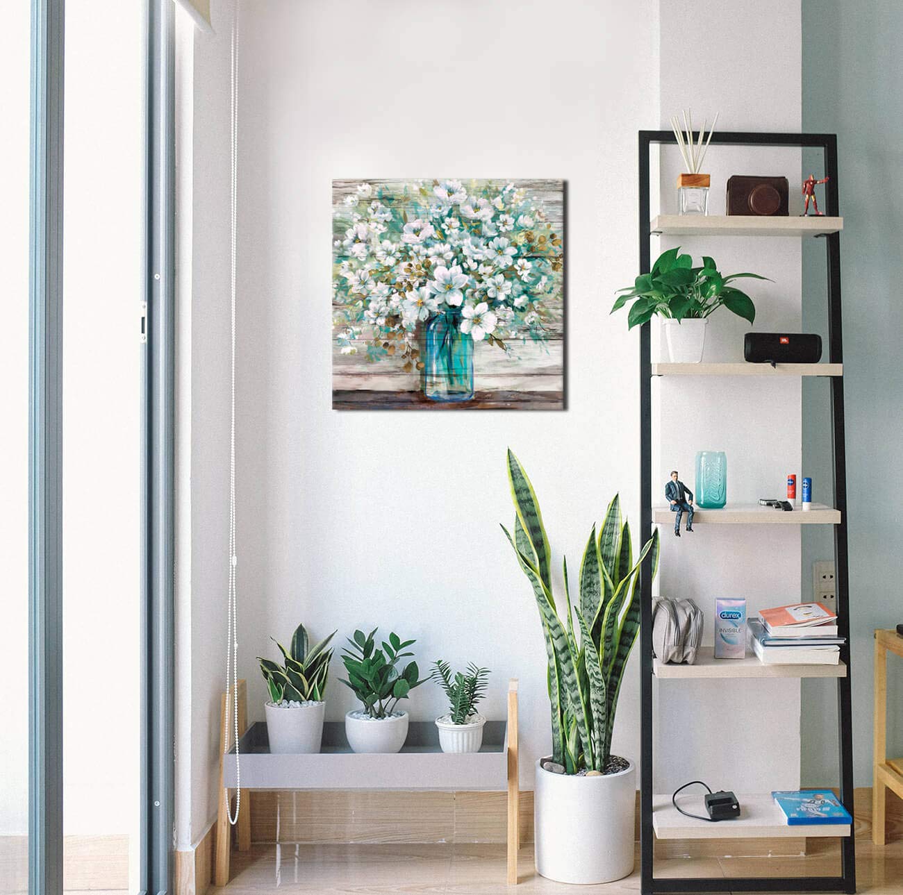 3Ldecor Country Style Canvas Wall Art Teal Blue Mason Bottle White Flower Rustic Wall Decor Art Hanging In The Bedroom Bathroom