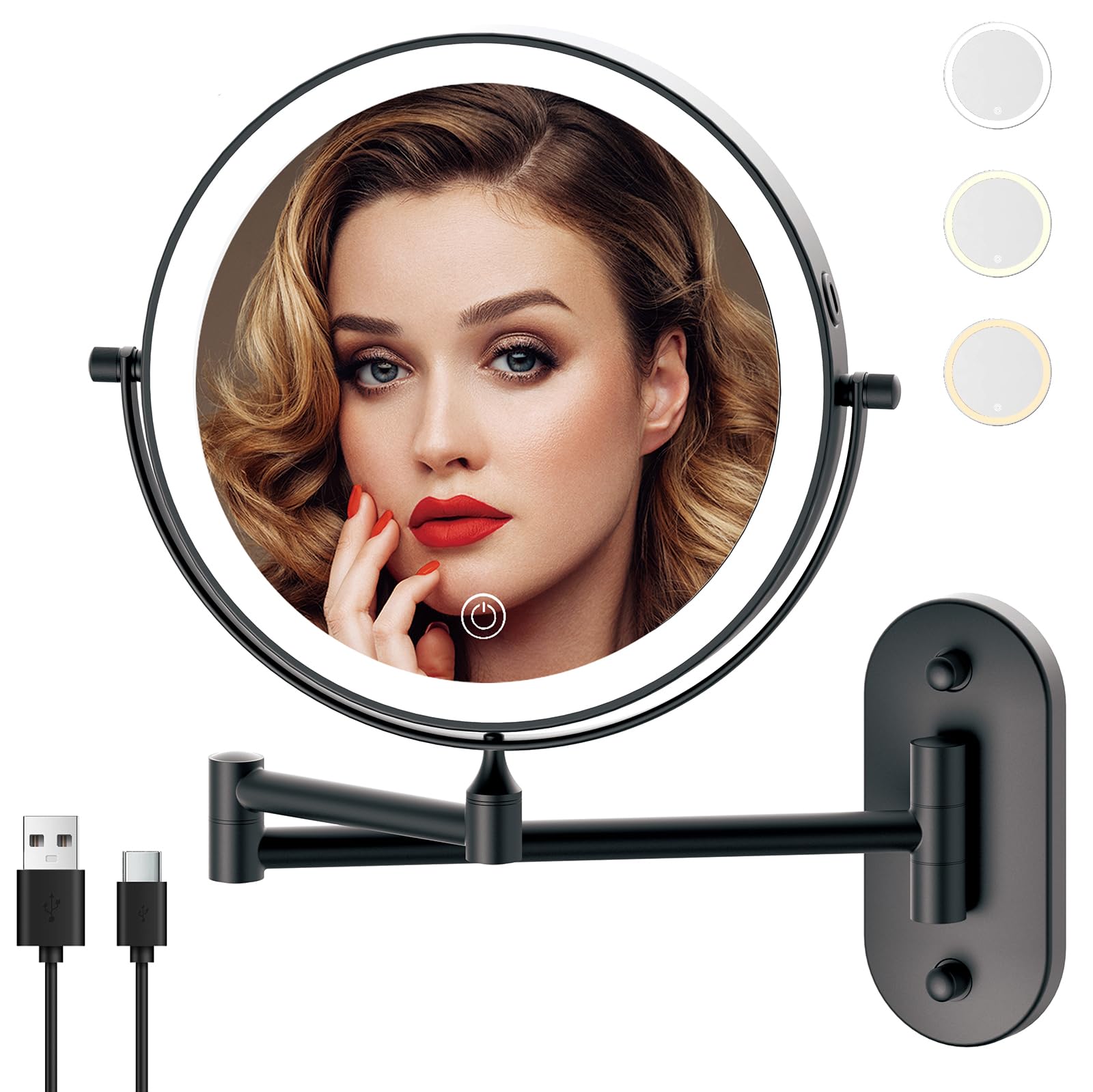 Miroamz Rechargeable Wall Mounted Lighted Makeup Vanity Mirror 8 Inch Double Sided 1X 10X Magnifying Bathroom Mirror, 3 Color Li
