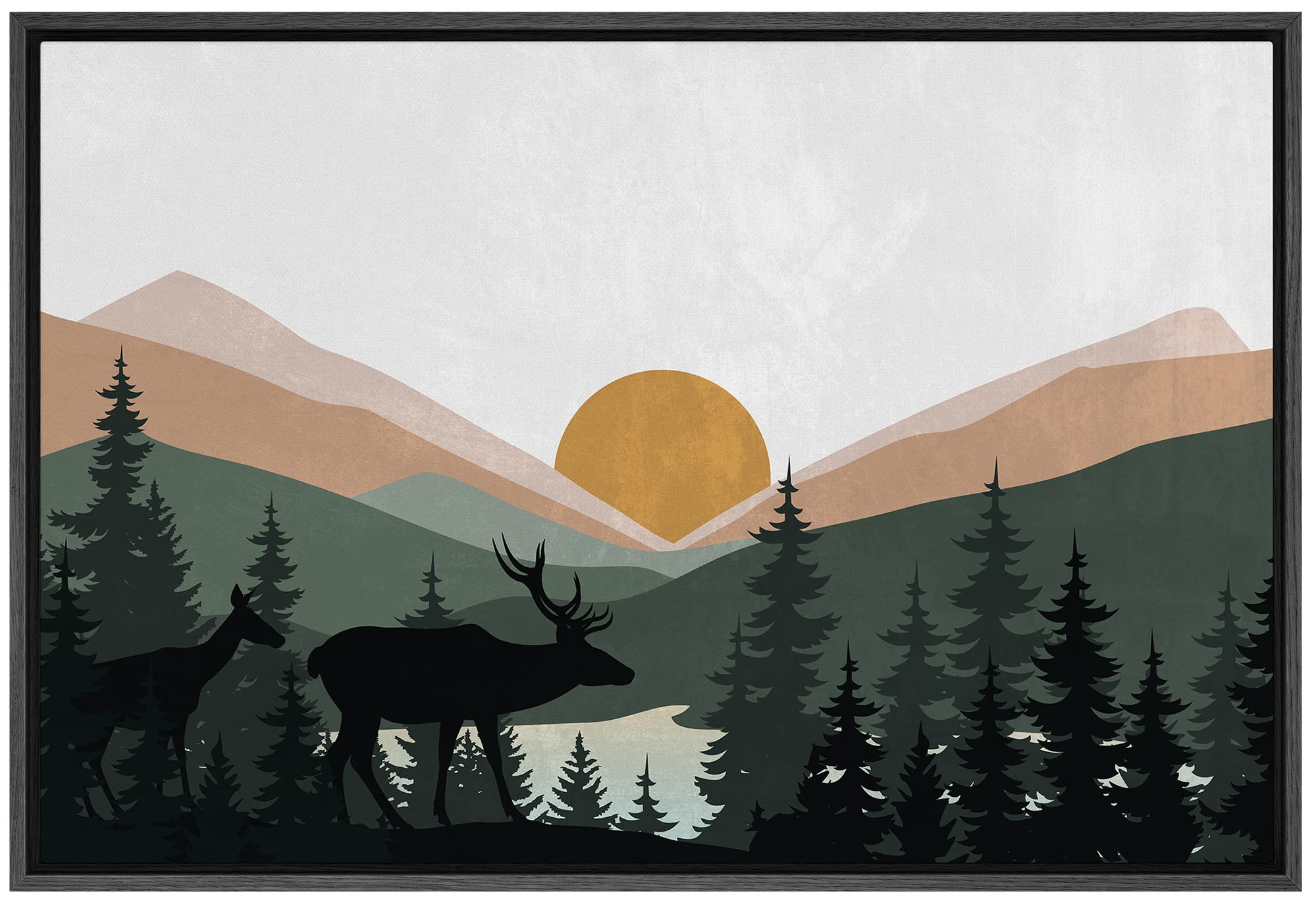 Signford Framed Canvas Print Wall Art Woodland Nursery Decor Sunlight Mountain Pine Forest Lake Nature Wilderness Modern Art Dec