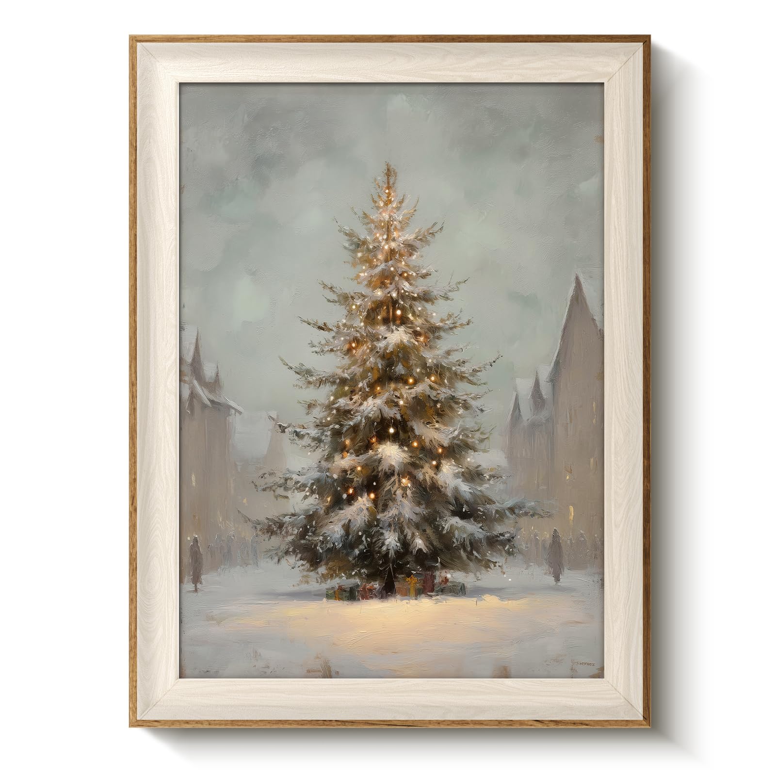 VIYYIEA Winter Framed Wall Art for Living Room, Downtown Christmas Tree Canvas Prints, Oil Painting Home Decor, Christmas Pictur