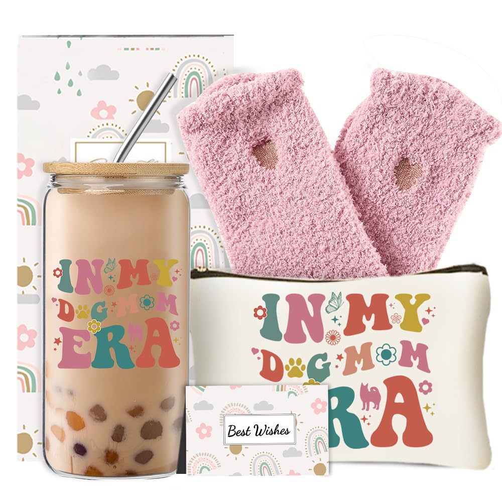 Best Dog Mom Gifts for Women, Dog Themed Gifts Set with Glass Cup, Funny Birthday Christmas Mothers Day Gift Idea for Dog Lovers