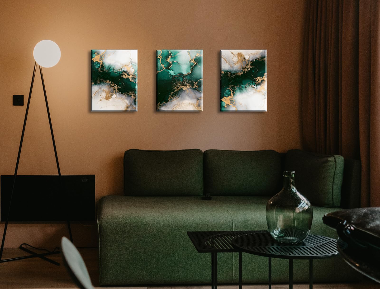 JiazuGo Emerald Green Bathroom Decor Modern Abstract Canvas Wall Art Bedroom Living Room Wall Decor Green and Gold Fluid Abstract Marble Texture Painting Pictures Home Decorations 12'' X 16'' X 3 Pieces