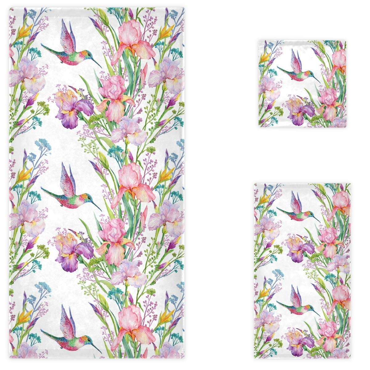 Naanle Spring Hummingbird Irises Flowers Floral Soft Luxury Decorative Set Of 3 Towels, 1 Bath Towel+1 Hand Towel+1 Washcloth, M