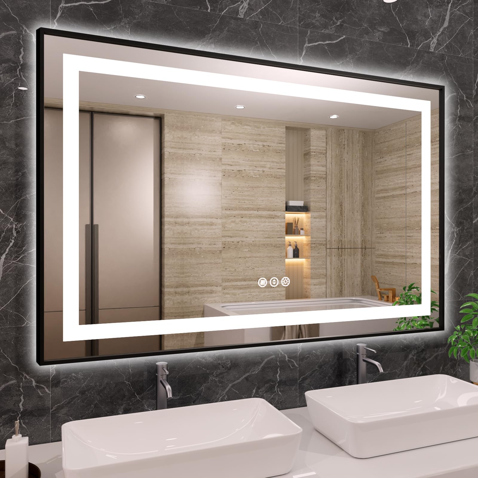 Amorho 55''X 36'' Led Bathroom Mirror Framed, Front Light And Backlit, Stepless Dimmable, Anti-Fog, Shatter-Proof, Memory, 3 Col