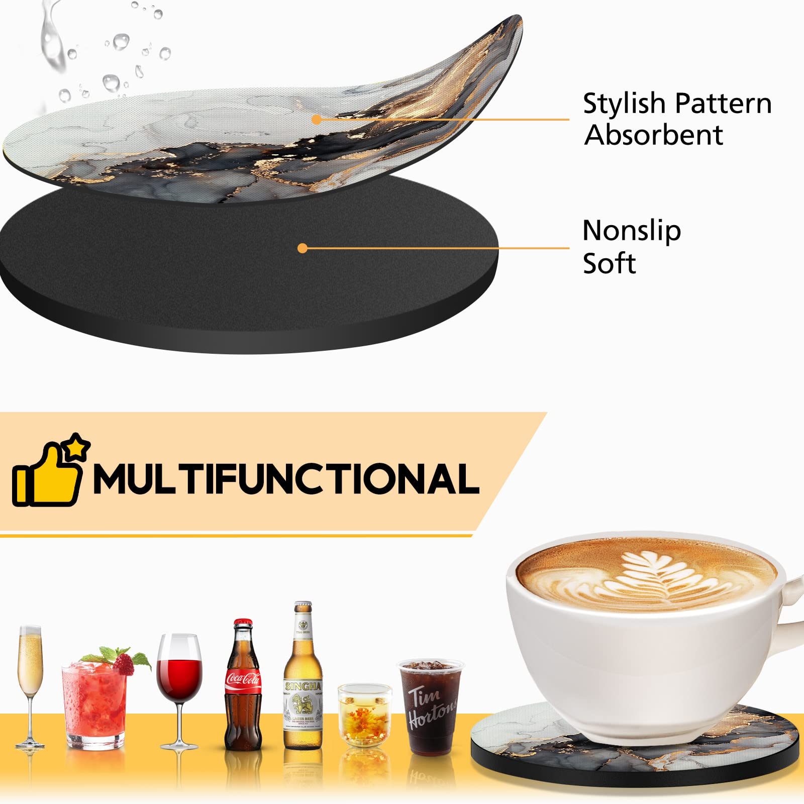 Swooflia Coasters for Drinks Coffee Table  Marble Grey Black Aesthetic Silicone Absorbent Cup Coaster Set Housewarming Gift Kitchen Home Wooden Desk Office Bar Tabletop Decor 6 Pack