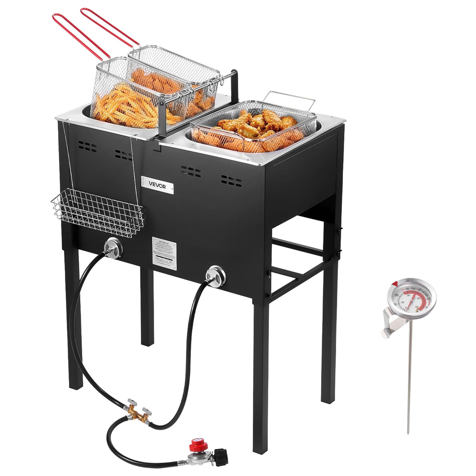 VEVOR Outdoor Propane Deep Fryer, Dual-Tank 16QTx2 Large Capacity Commercial Fryer, Stainless Steel Fish Cooker with 3 Basket, T