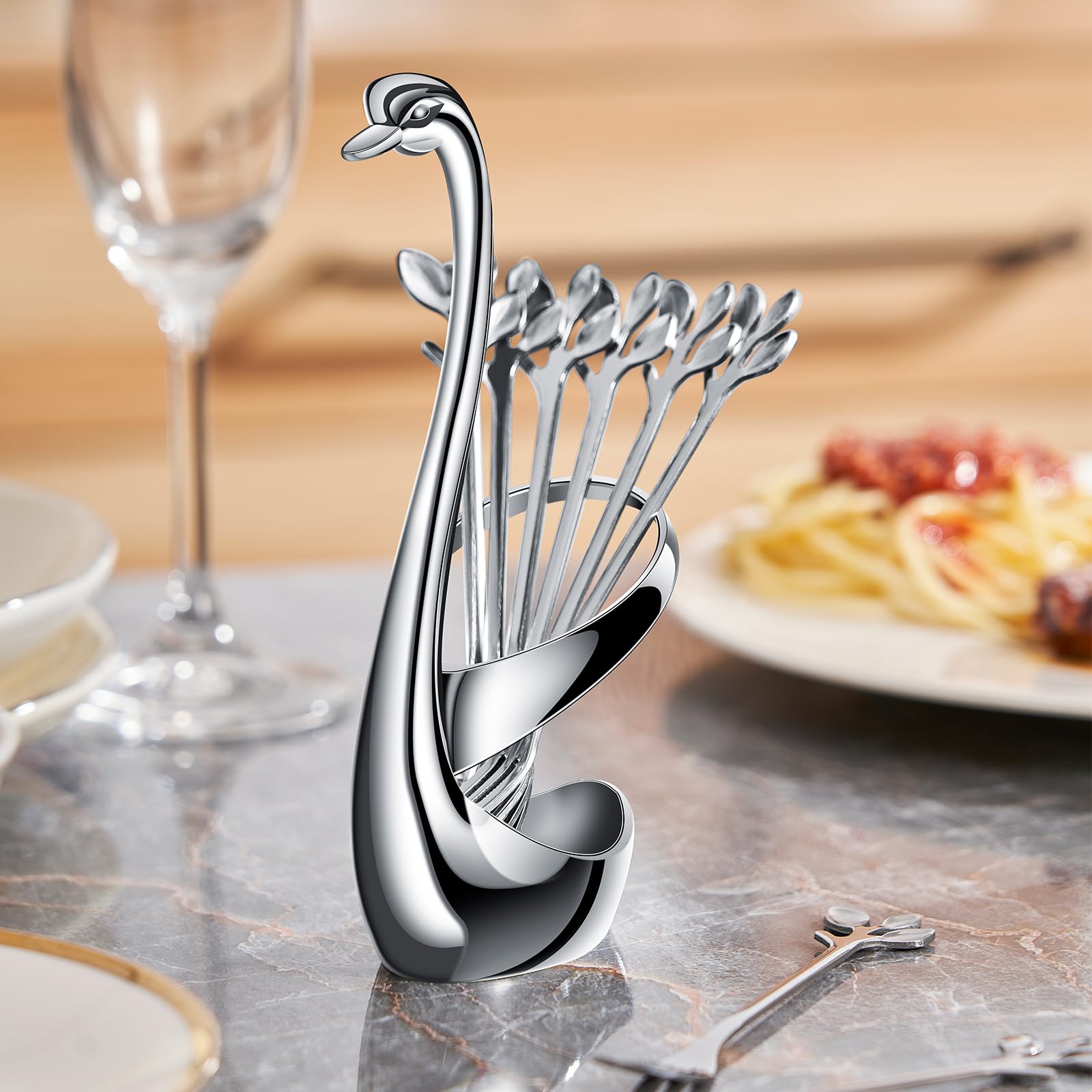 Ansaw Elegant Swan Base Holder Set With 10 Pcs Silver Leaf 4.7'' Stainless Steel Mini Forks For Appetizer, Fruit, Dessert, Cake