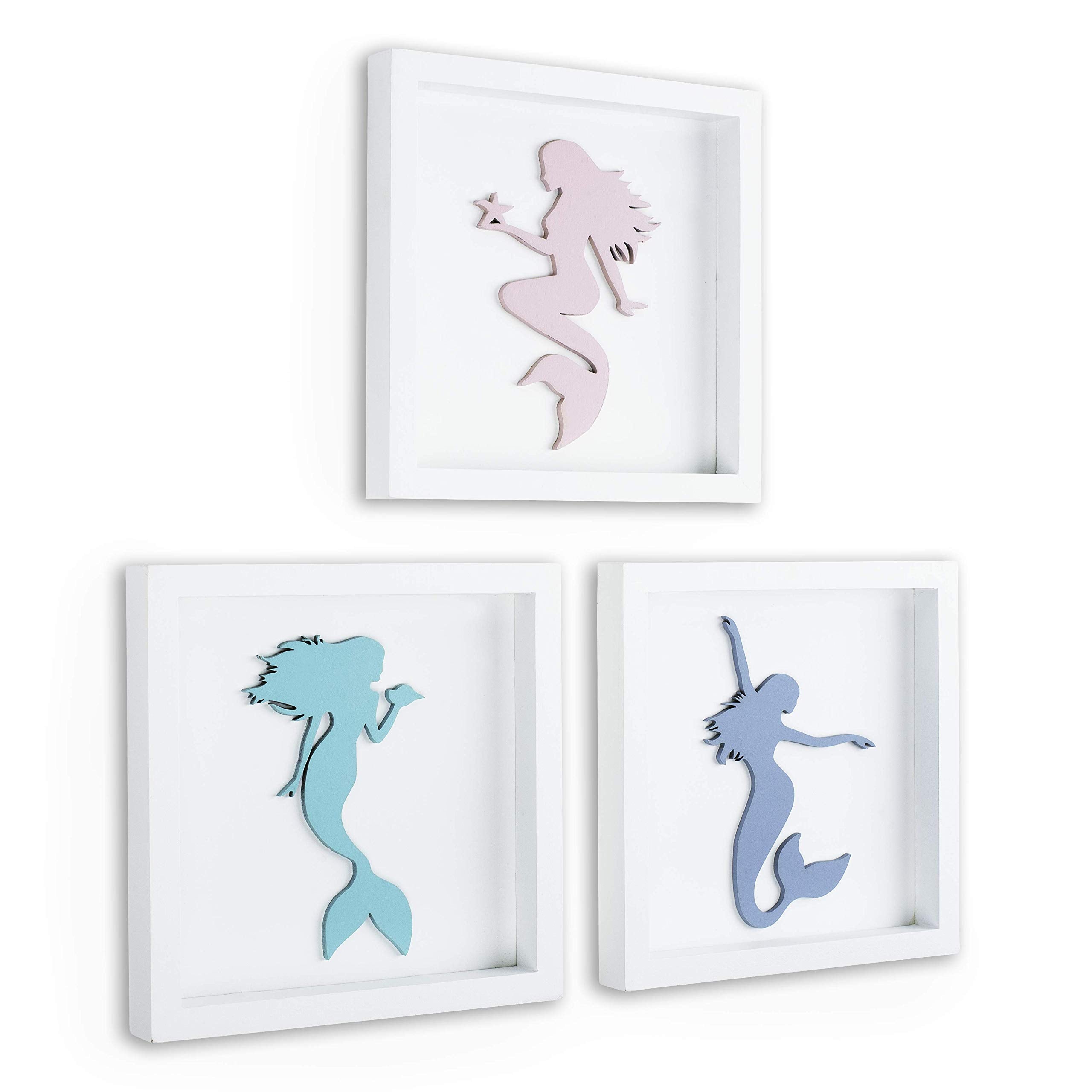 Tideandtales Elegant 3D Mermaid Wall Decor, Framed Wooden Set Of 3 Silhouettes In Pastel Colors, Mermaid Bathroom Decor, Mermaid