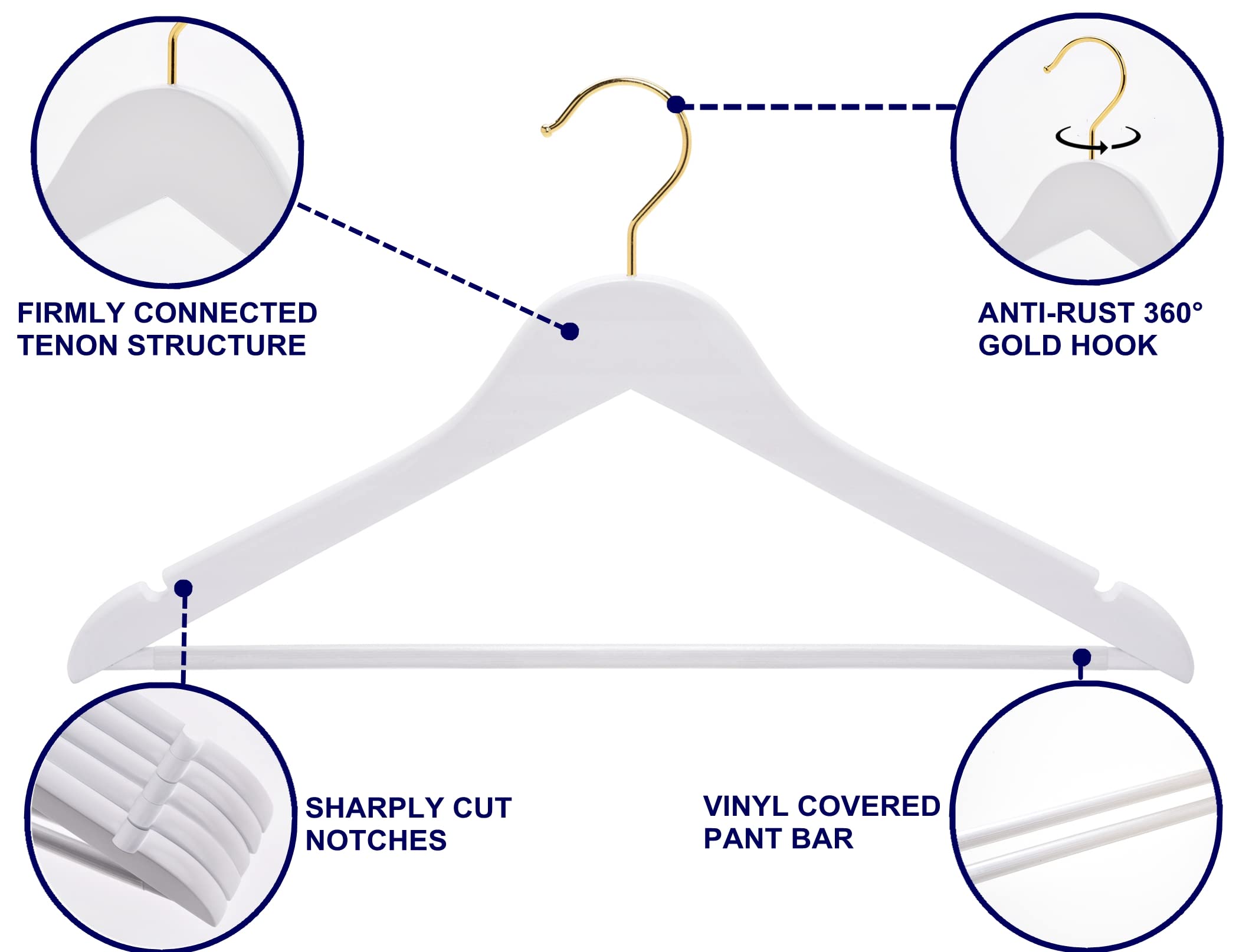 Amber Home Solid Wood Suit Coat Hangers 30 Pack  Smooth White Finish Wooden Dress Hangers with Non Slip Pant Bar  Clothes Hangers with Gold Hook & Notches for Jacket  Pant  Shirt (White+Gold  30)
