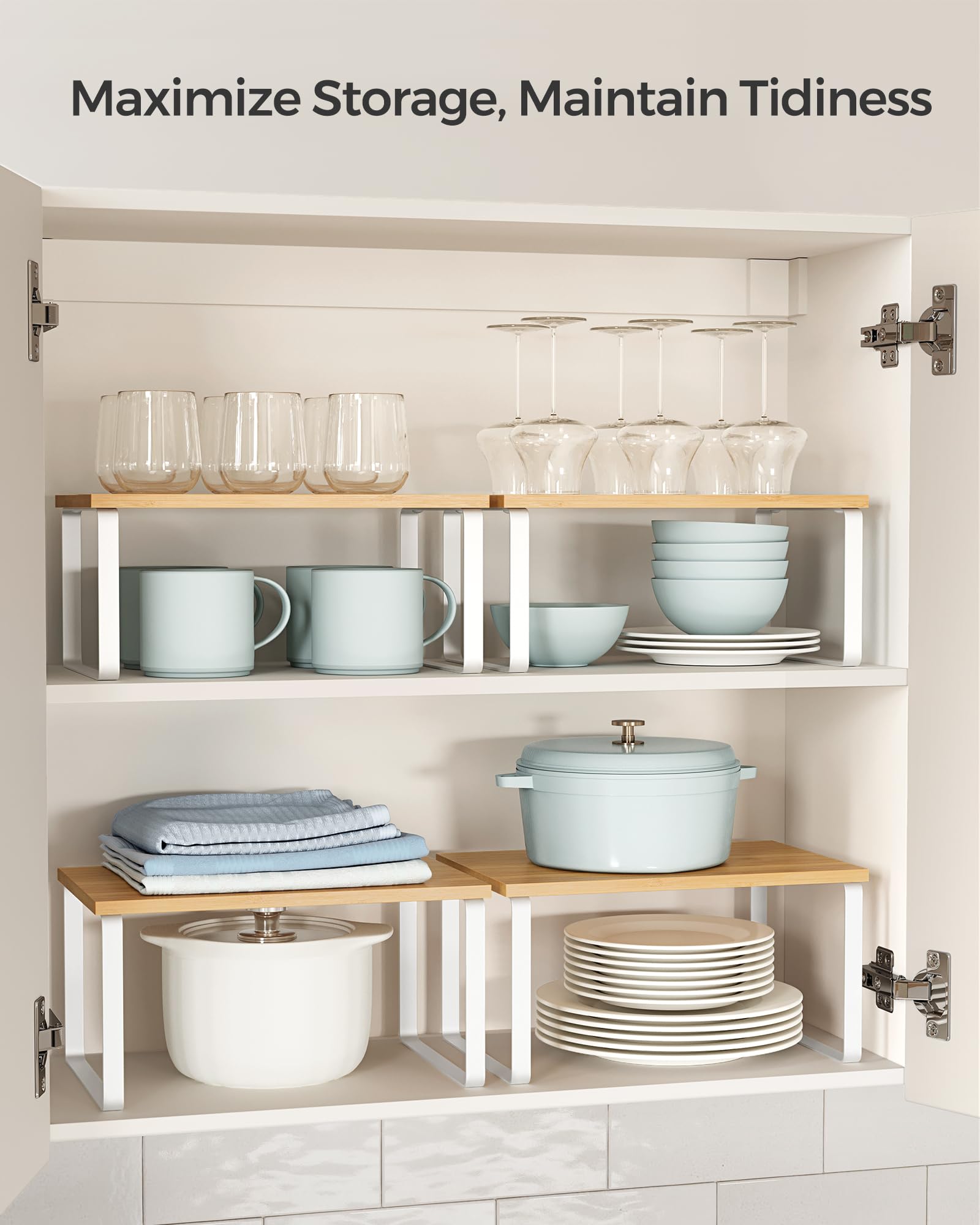 Songmics Cabinet Organizer Shelf, Set Of 2 Kitchen Counter Shelves, Kitchen Storage, Spice Rack, Stackable, Expandable, Metal An