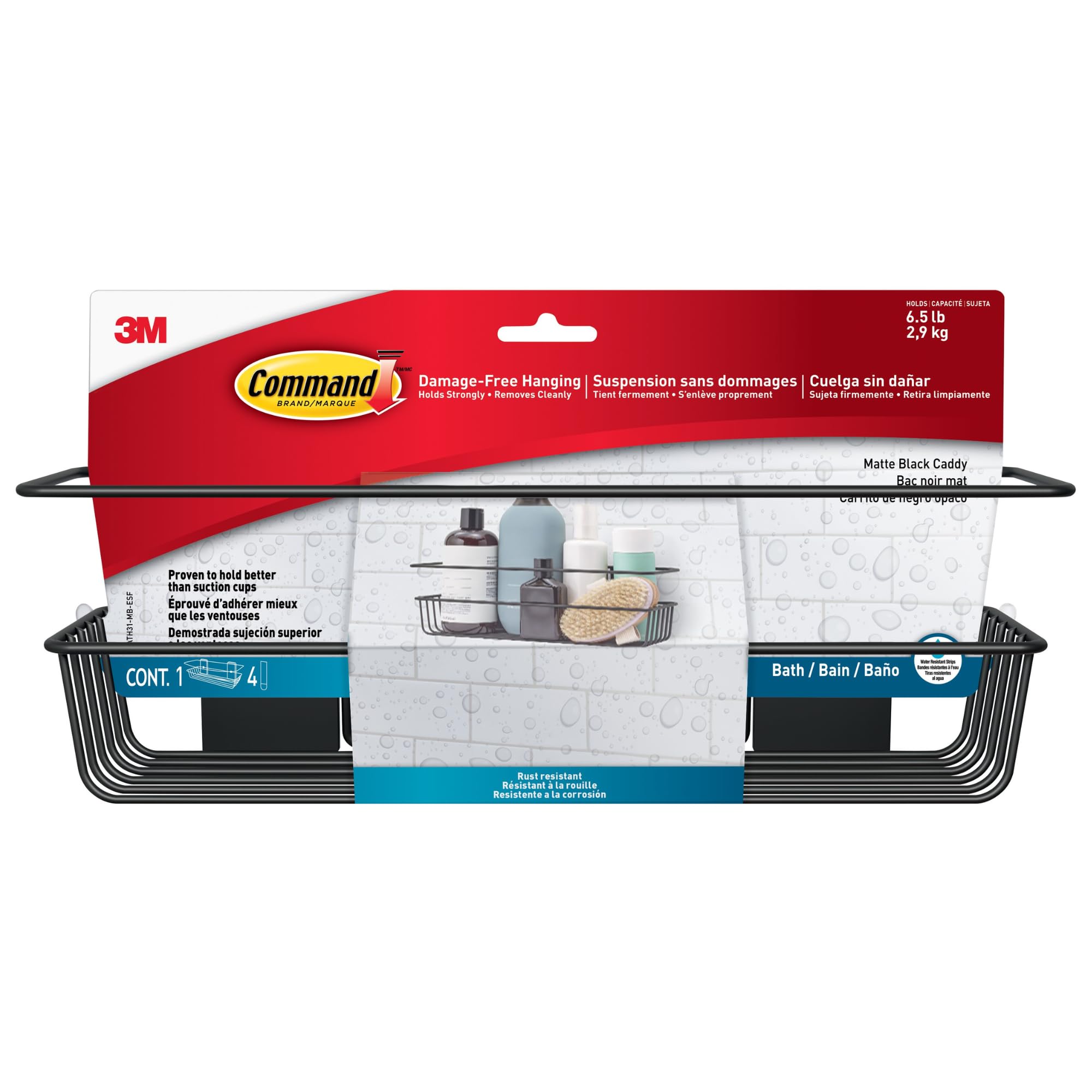 Command Shower Caddy Matte Black With Water Resistant Command Strips, Bathroom Organizer, Holds Up To 6.5 Lbs, 1 Count (Pack Of