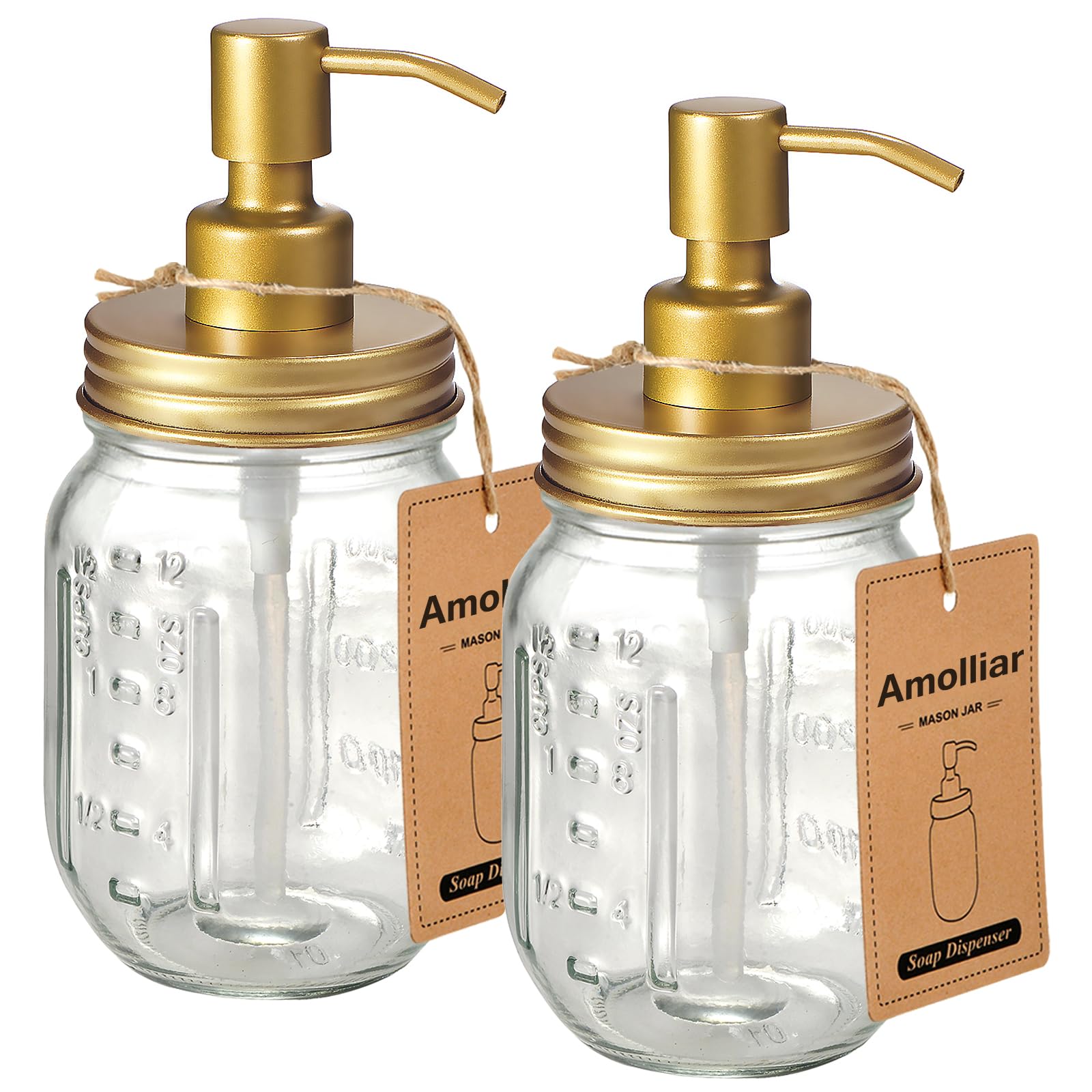 Amolliar Mason Jar Liquid Soap Dispenser -Rustproof Stainless Steel Farmhouse Decor for Bathroom Vanities Kitchen Sink/ Liquid Soap Pumps for Hand Soap Dish Soap Lotions/Golden -2 Pack