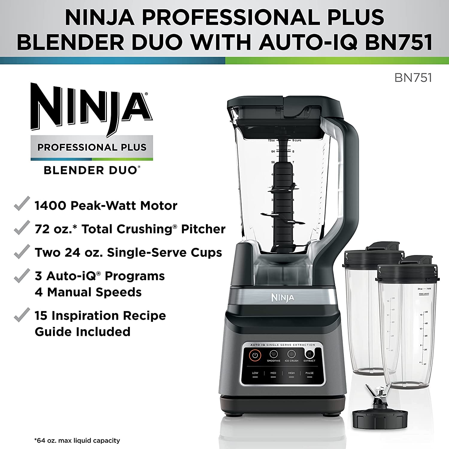 Ninja Bn751 Professional Plus Duo Blender, 1400 Peak Watts, 3 Auto-Iq Programs For Smoothies, Frozen Drinks & Nutrient Extractio