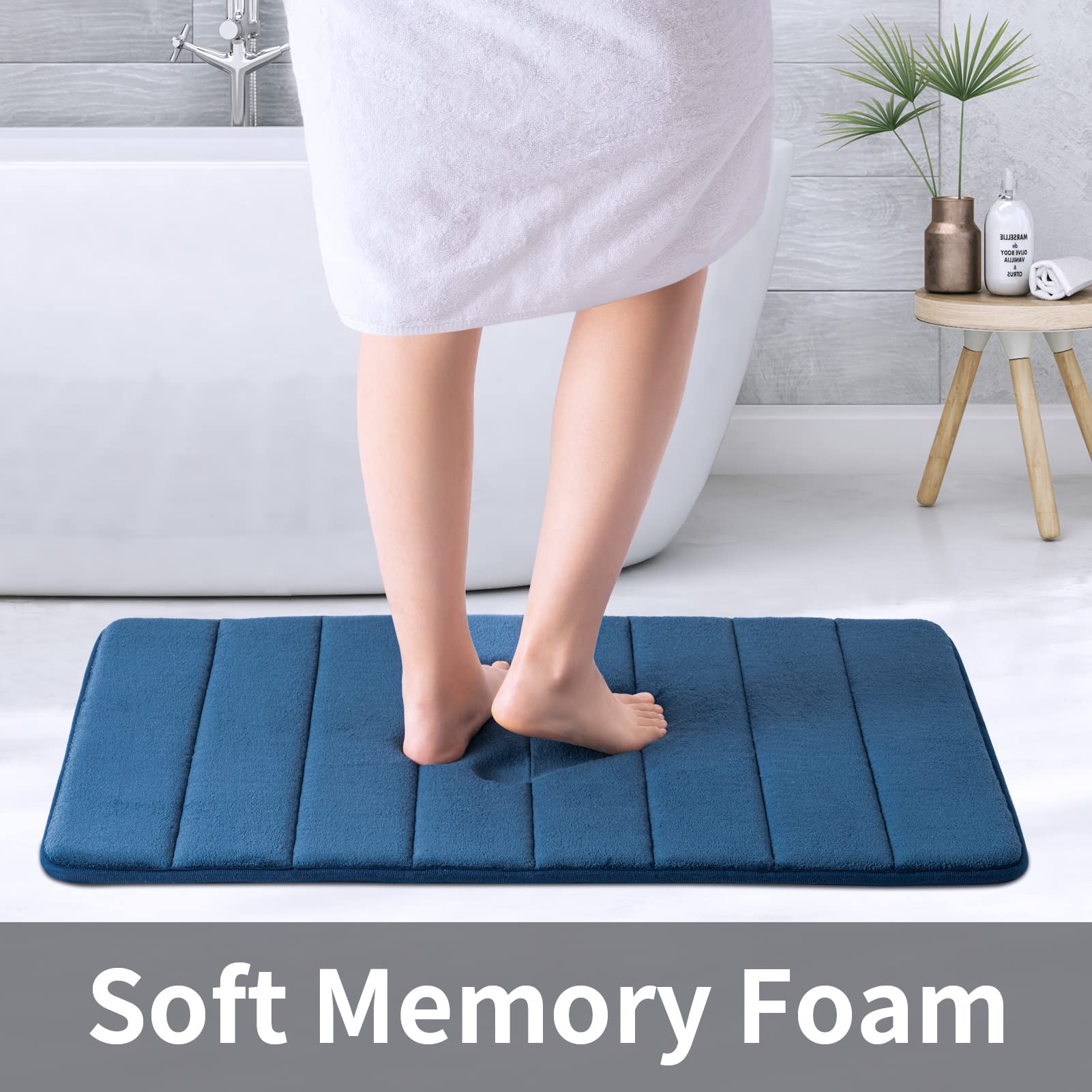 ROSMARUS Memory Foam Bath Mat 17? x 24?  Water Absorbent Shower Mat  Thick Bath Rugs for Bathroom Non Slip with PVC Backing  Ultra Soft Bathroom Rugs for Bathroom Floor & Tub  Navy