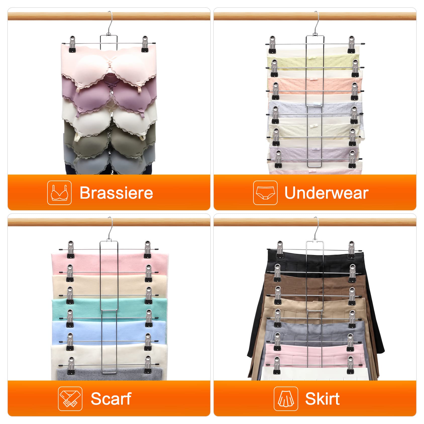 3 Pack Pants-Hangers-Space-Saving 6 Tier-Closet-Organizers-and-Storage Skirt Hangers with Clips Clothes- Jeans Scarf Hangers College-Dorm-Room-Essentials D?cor  Stainless Steel
