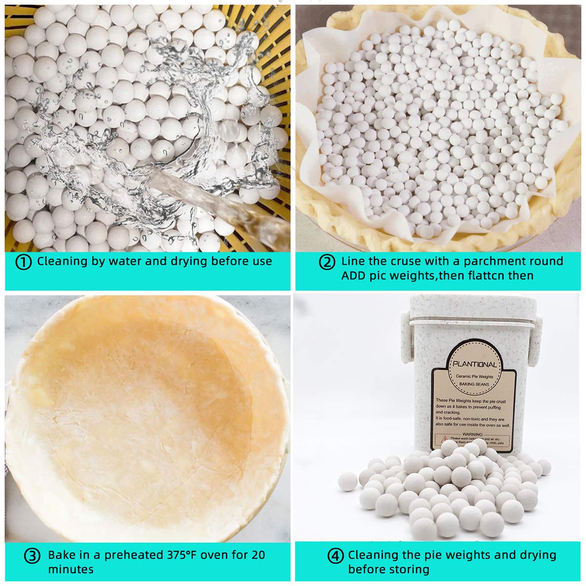 PLANTIONAL Pie Weights For Baking: 1.32 LB 10mm Baking Ceramic Beans Pie Crust Weights With Wheat Straw Container For Blind Baking Pastry(Green)