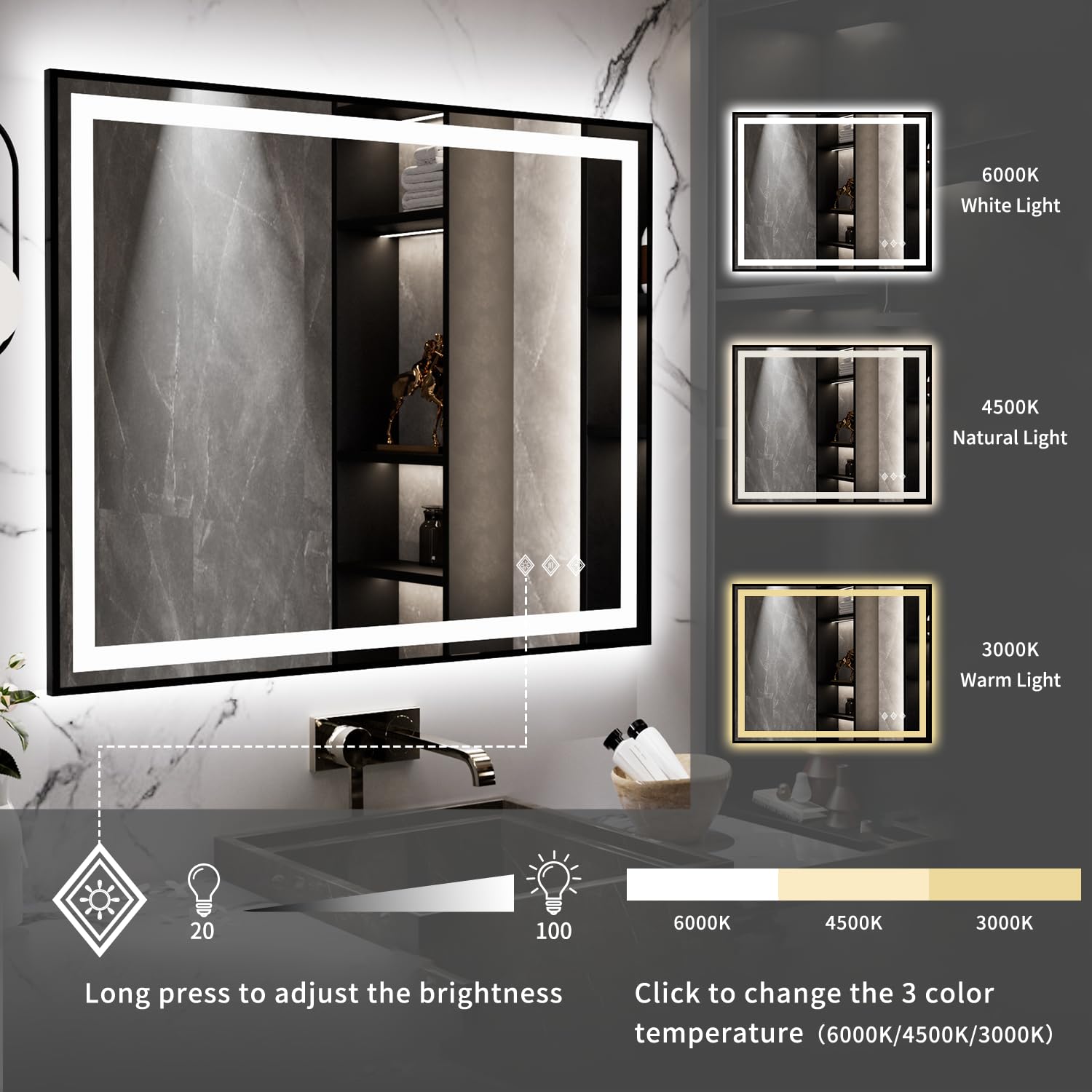 Vanpokins Led Mirror, 40X32 Inch Black Framed Gradient Front And Backlit Bathroom Mirror With Lights, 3 Colors Dimmable Cri>90,