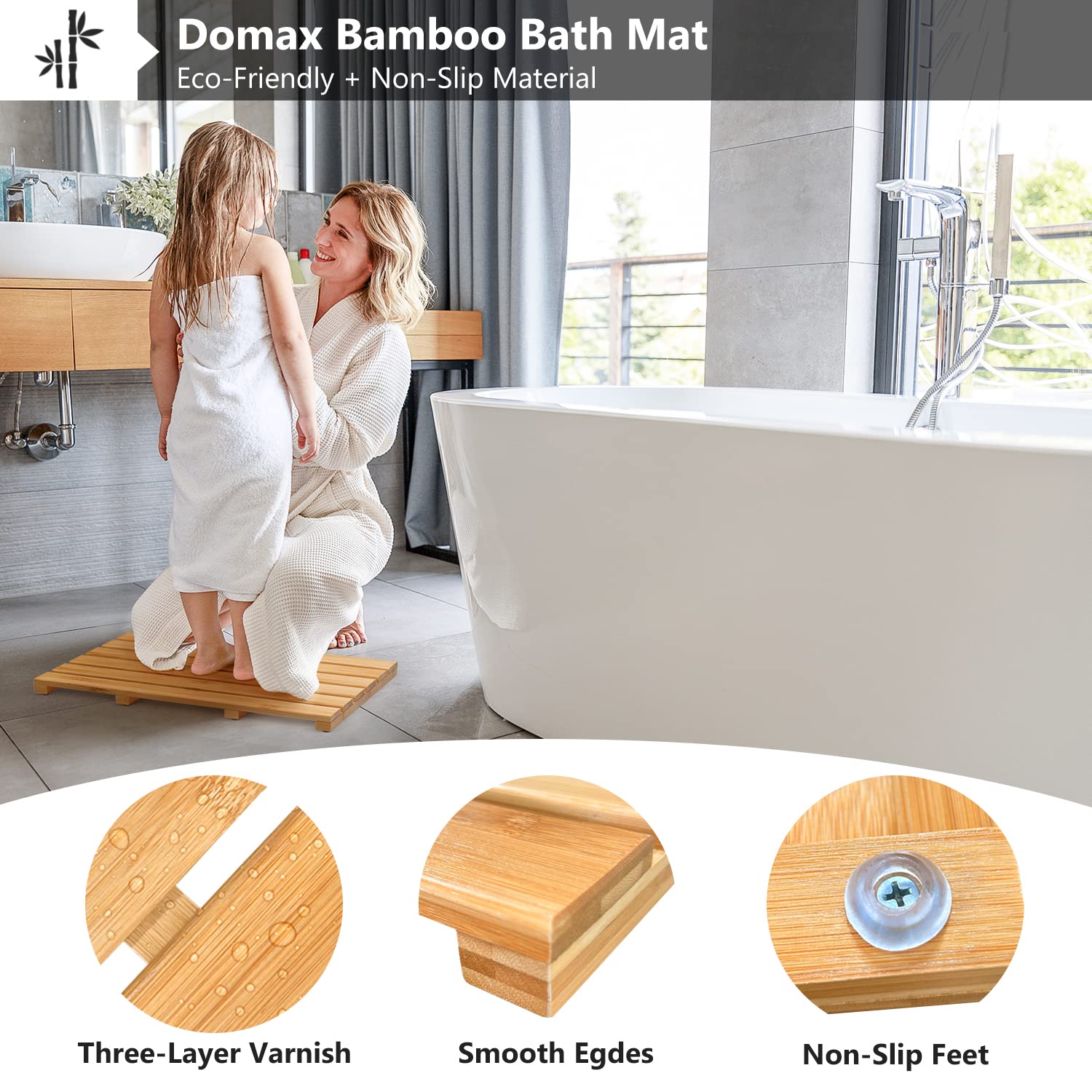 Domax Bamboo Bath Mat For Bathroom - Shower Mat Non Slip Waterproof Wooden Shower Floor Mat For Doorway Sauna Spa Yard Patio Poo