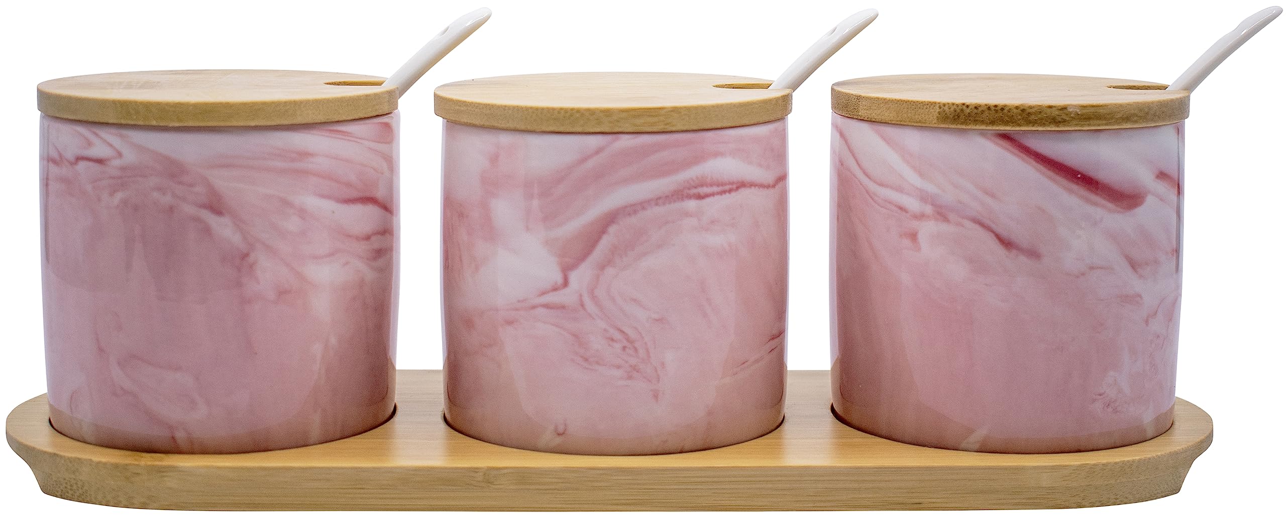 Set of 3 Marble Ceramic Condiment Spice Jars With Spoons and Bamboo Lids and Tray (Pink)