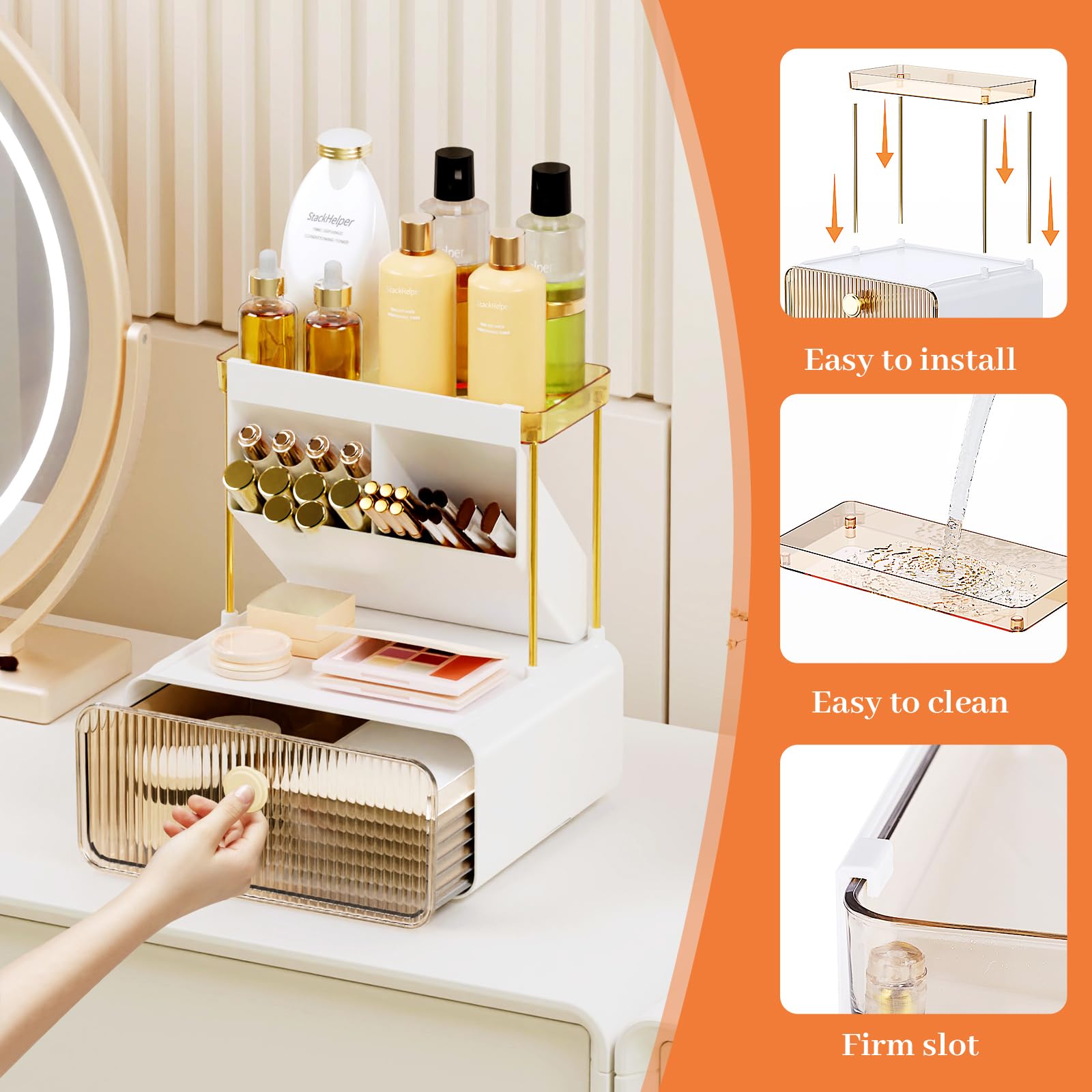 StackHelper 2-Tier 1-Drawer Bathroom Counter Organizer, Multi-Purpose Makeup Organizer Countertop, Ideal for Present, Easy to In