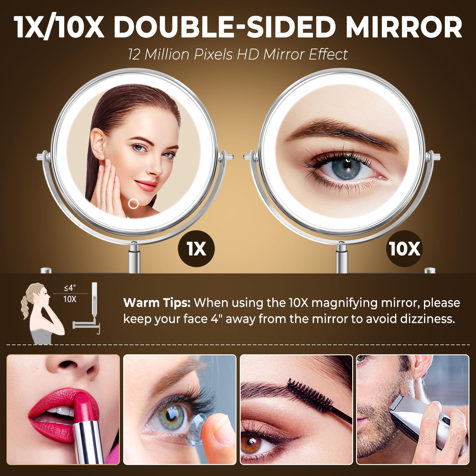 Conlwin 9'' Wall Mounted Lighted Makeup Mirror, 3000Mah Rechargeable Double Sided 1X/10X Magnifying Mirror With Hook,3 Color Lig