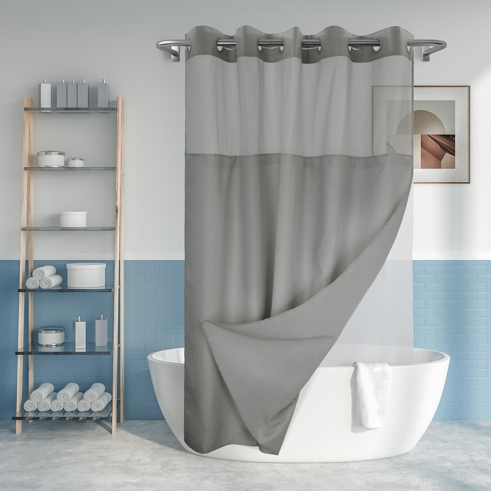 No Hook Slub Textured Shower Curtain with Waterproof PEVA Liner Set - 71'' x 74''(72'')  Hotel Style with See Through Top Window  Fabric Curtain & Waterproof Liner for Bathroom  Dark Gray  71x74