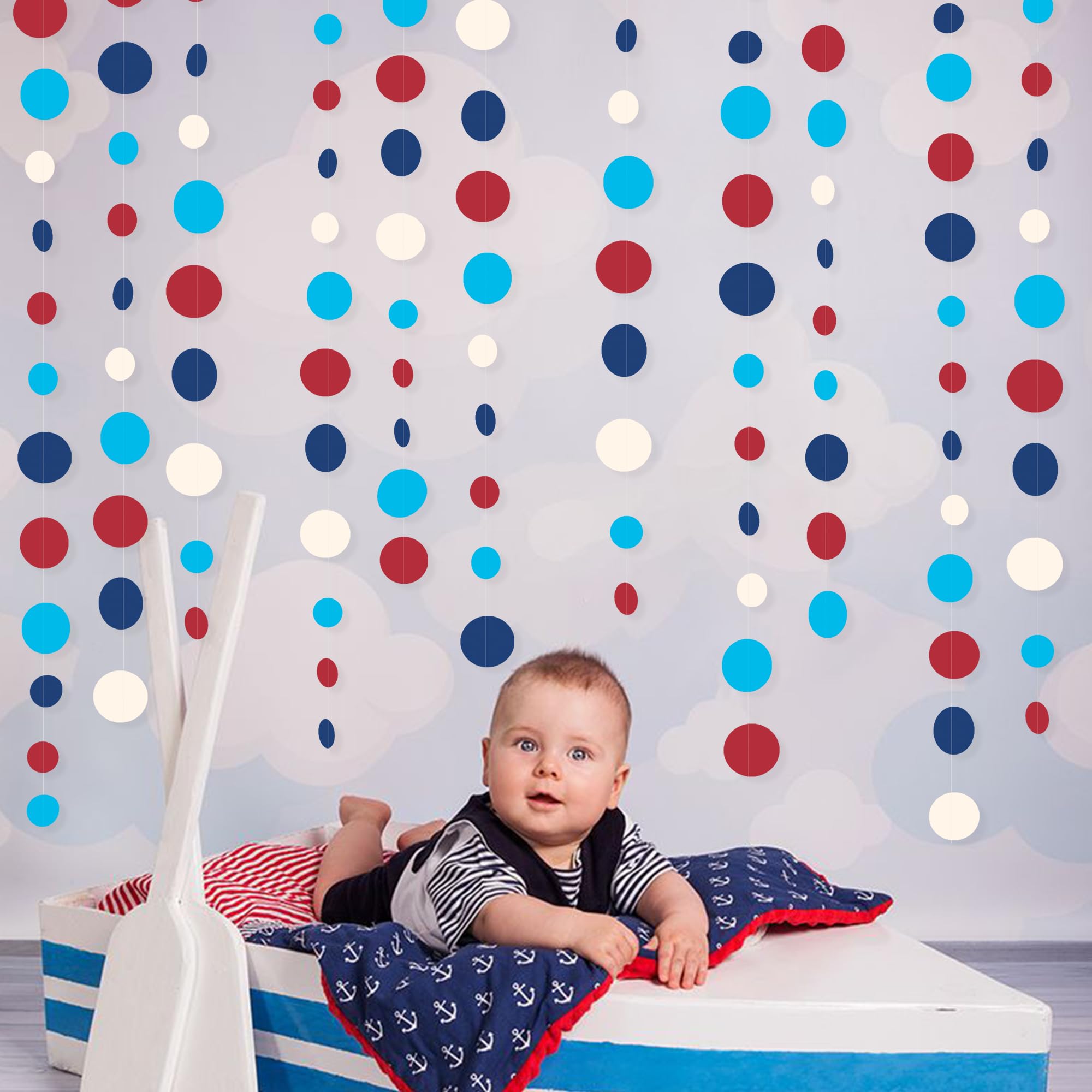 Nautical Party Decorations Circle Dot Garland Navy Blue Red White Hanging Paper Polka Dot Streamer For Nautical Pirate Ahoy Acho