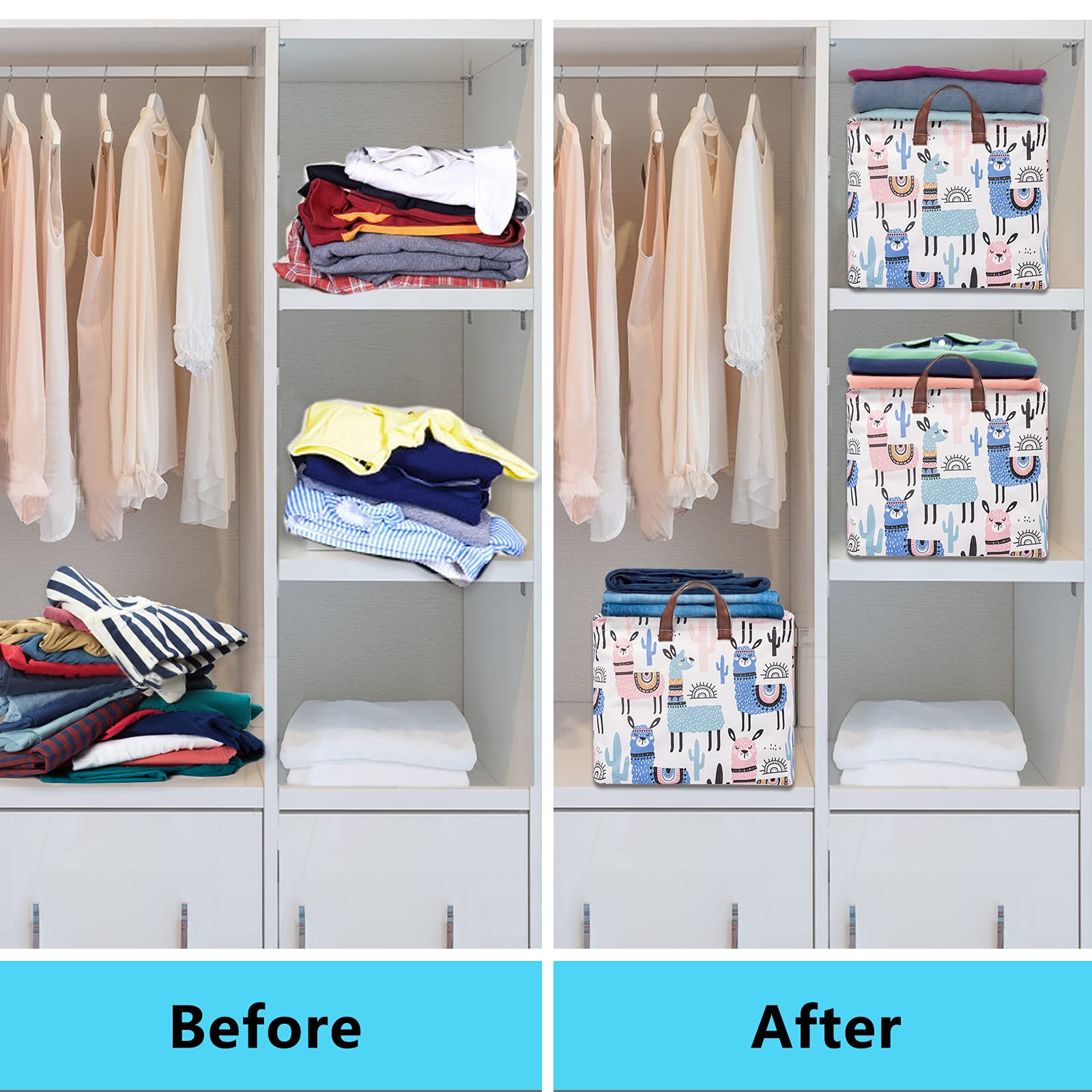 Llama Storage Bin Basket Collapsible with Leather Handles Waterproof Canvas Storage Cube Box for Closet Toys Clothes Nursery Room Gift Basket