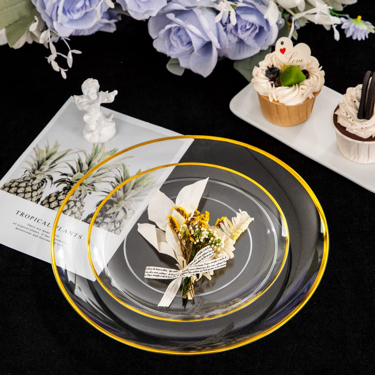 LIYH 60pcs Clear Plastic Plates and Gold Trim Disposable Plastic Plates Heavty Duty Includes:30 Dinner Plates 10.25'' and 30 Dessert Plates 7.5'' Clear and Gold Plastic Plates Plastic Holiday Plates