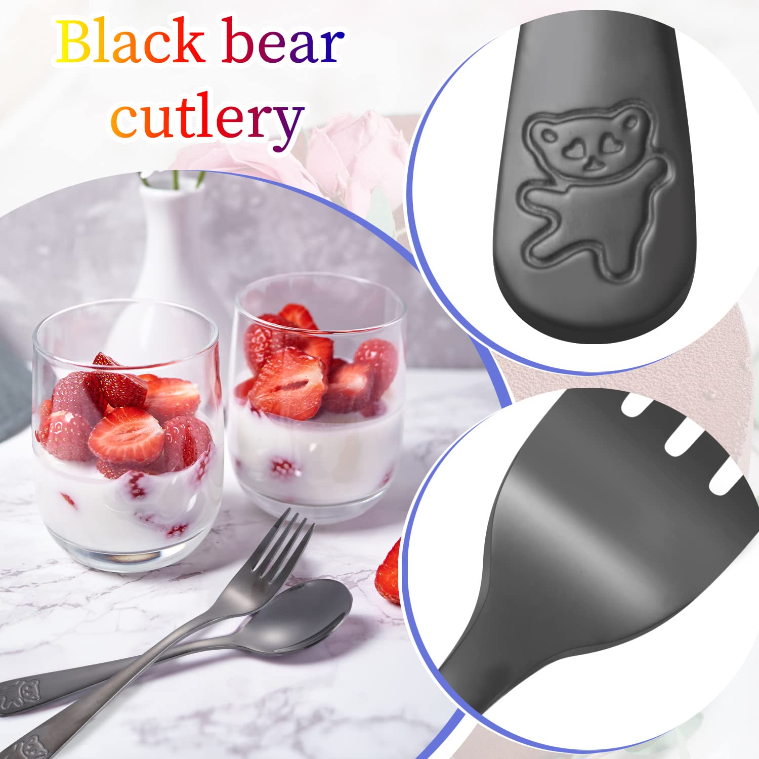 Pimoys Kids Silverware Set - 6 Pieces Stainless Steel Utensils, Engraved Bear, Black