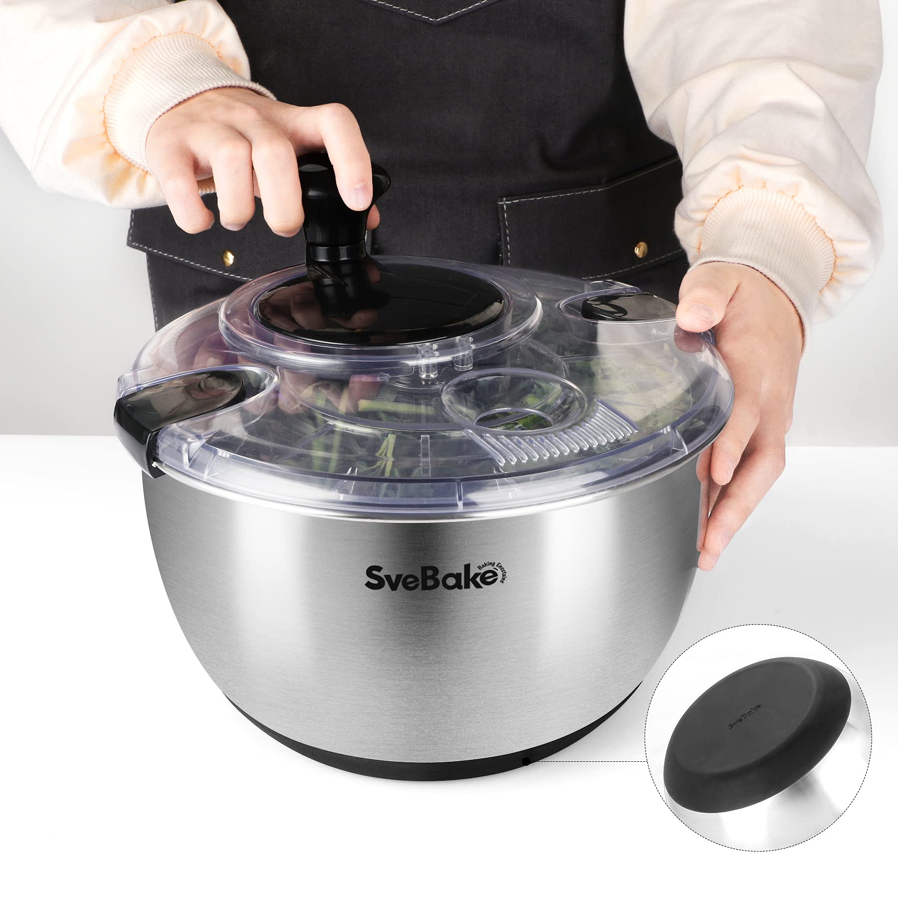 Svebake Stainless Steel Salad Spinner, 4.2 Qt Vegetable Washer, Bpa-Free Lettuce Dryer With Crank Design, Dishwasher Safe, Non-S