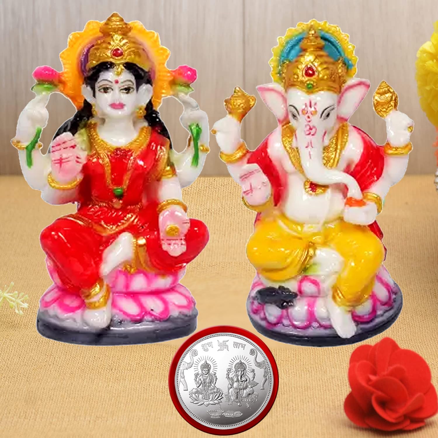 Kitlyn 5 Inch Lakshmi With Ganesh God Statue, Religious God Statue Resin Idol, 5 Inch Height, Multicolor | Laxmi Ganesh Silver C