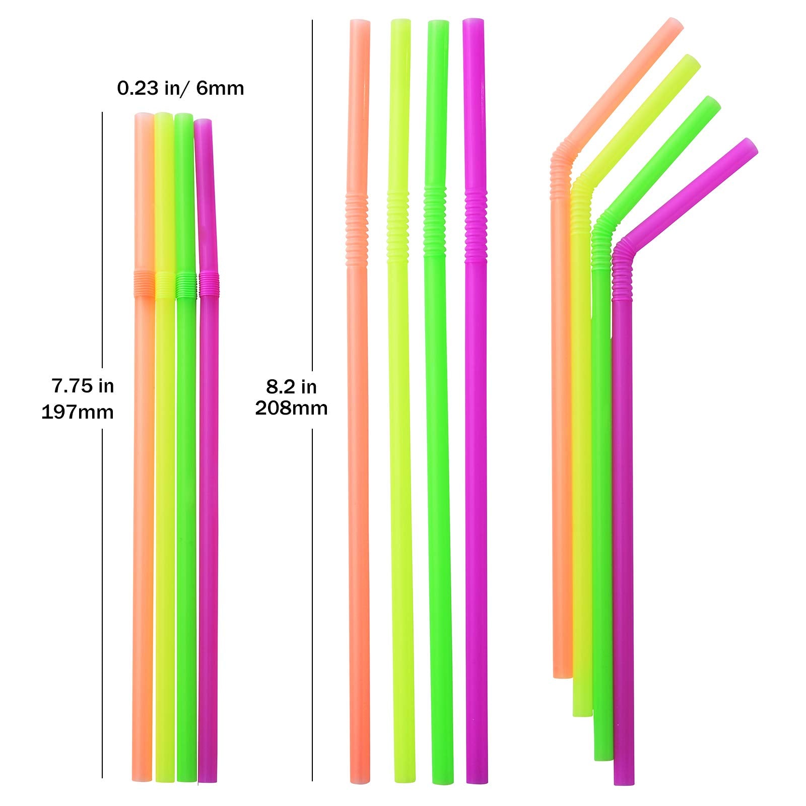 Alink 500-Pcs Neon Colored Flexible Drinking Straws, Plastic Disposable Bendy Straws - 7.75'' X 0.23''