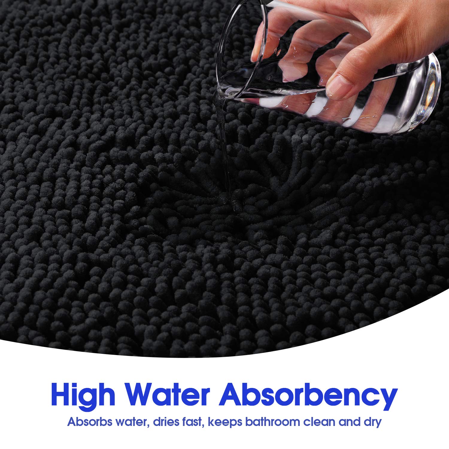 Homeideas 3 Pieces Black Bathroom Rugs Set, Ultra Soft Non Slip Bath Rug And Absorbent Chenille Bath Mat, Includes U-Shaped Cont