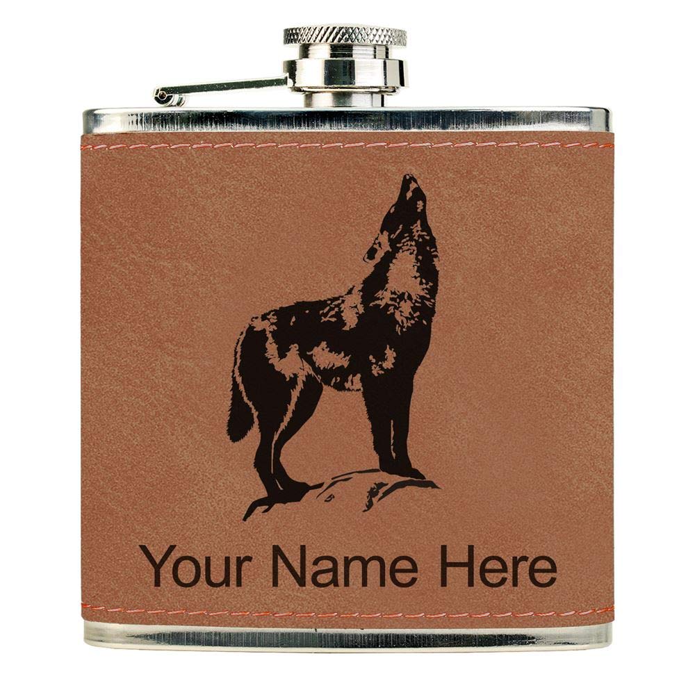 Faux Leather Flask, Howling Wolf, Personalized Engraving Included (Dark Brown)