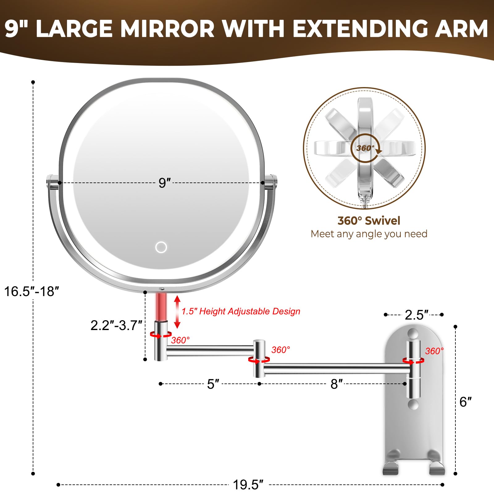 Conlwin 9'' Wall Mounted Lighted Makeup Mirror, 3000Mah Rechargeable Double Sided 1X/10X Magnifying Mirror With Hook, 3 Color Li